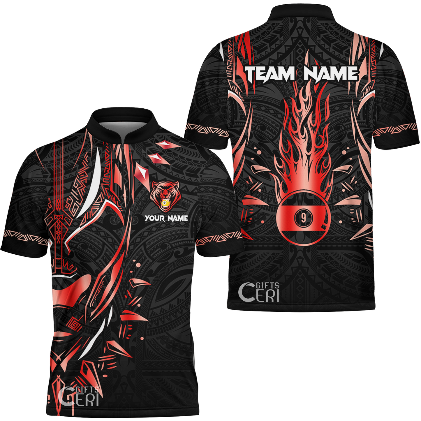 Customized Billiards Stand Collar Quarter-Zip Short Sleeve Jersey, Panther Forever Flaming 9 Ball Personalized Jersey