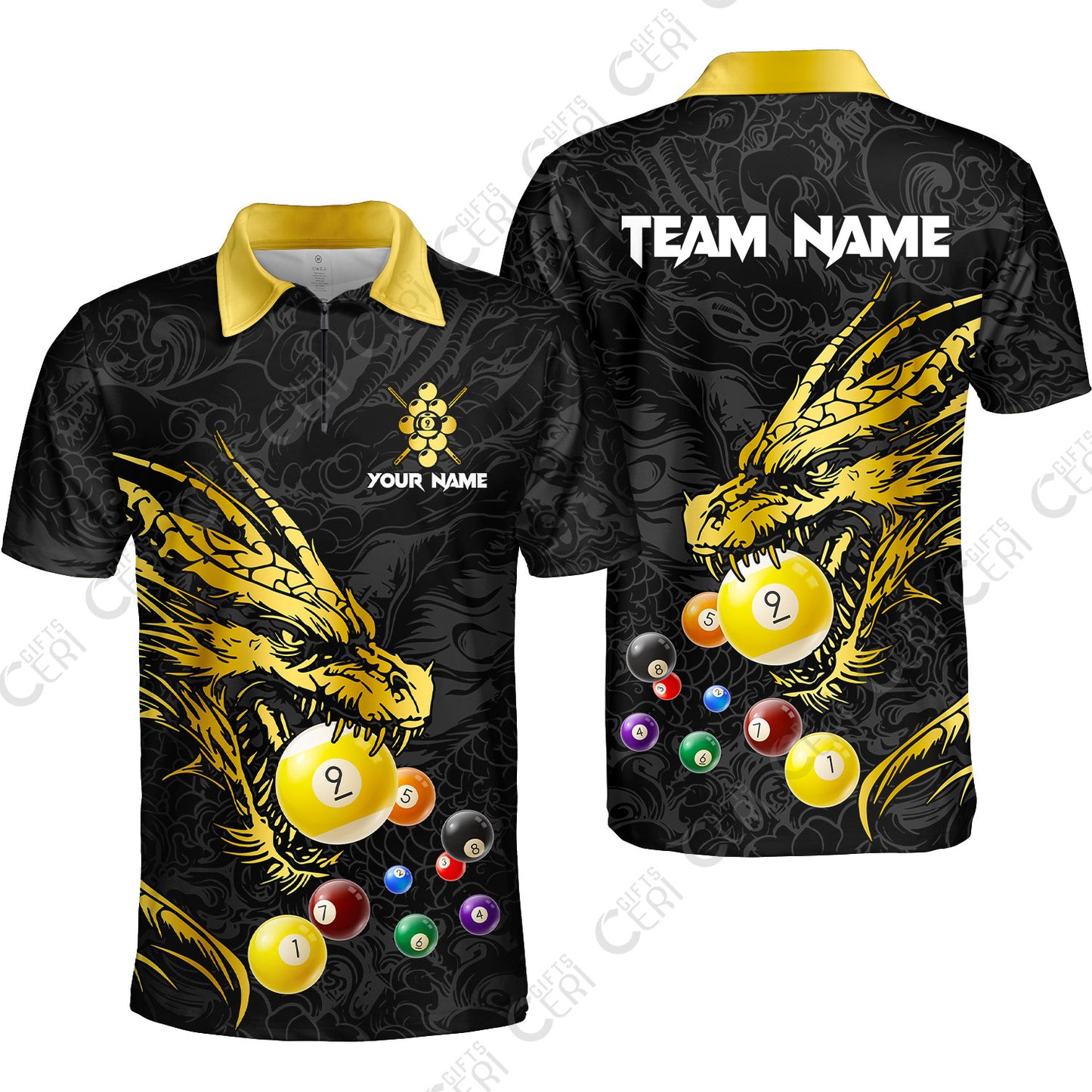 Customized Billiards Quarter-Zip Polo Shirt, Dragon 9 Ball Personalized Jersey Gift For Billiard Players
