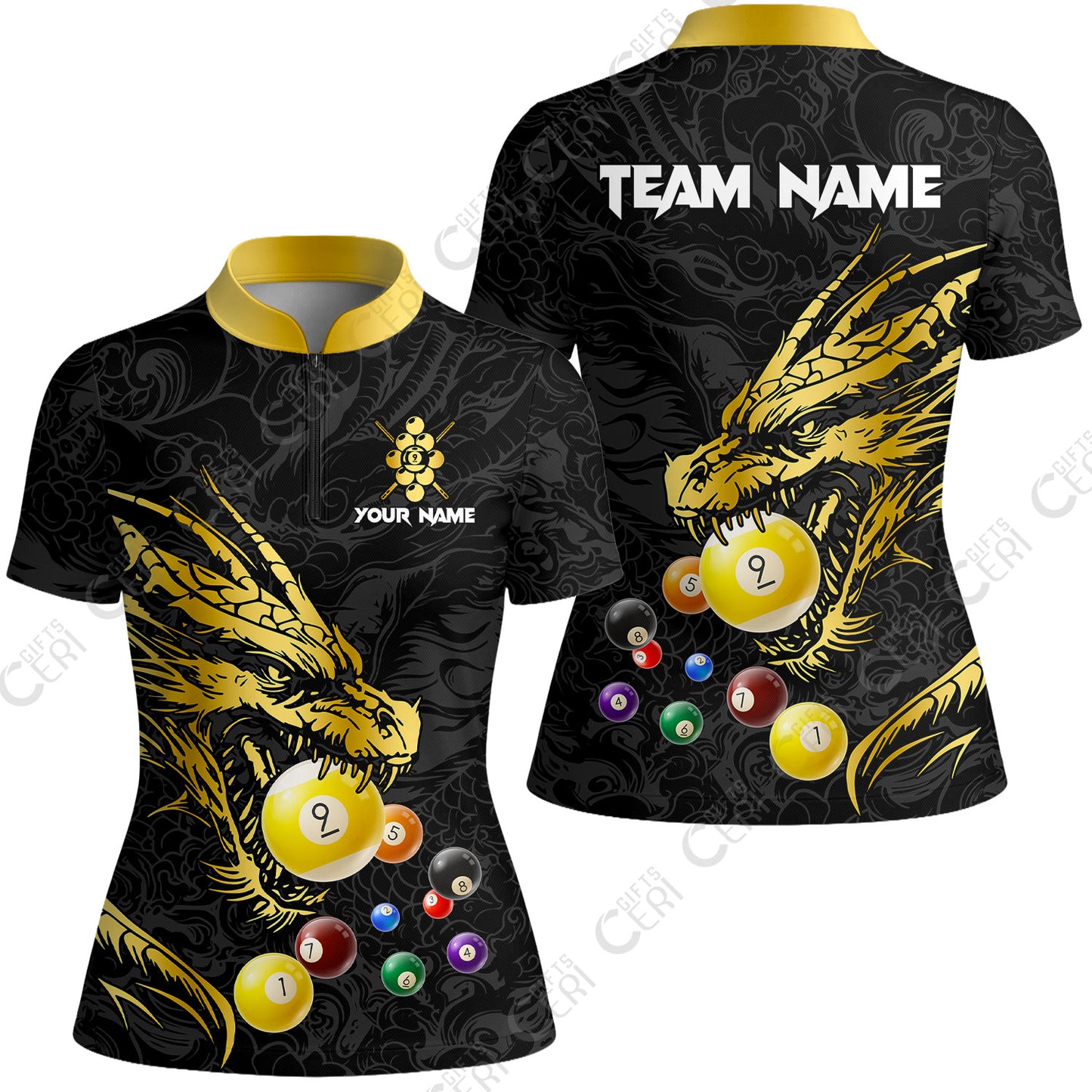 Customized Billiards Stand Collar Quarter Zip Short Sleeve Women's Shirt, Dragon 9 Ball Personalized Jersey