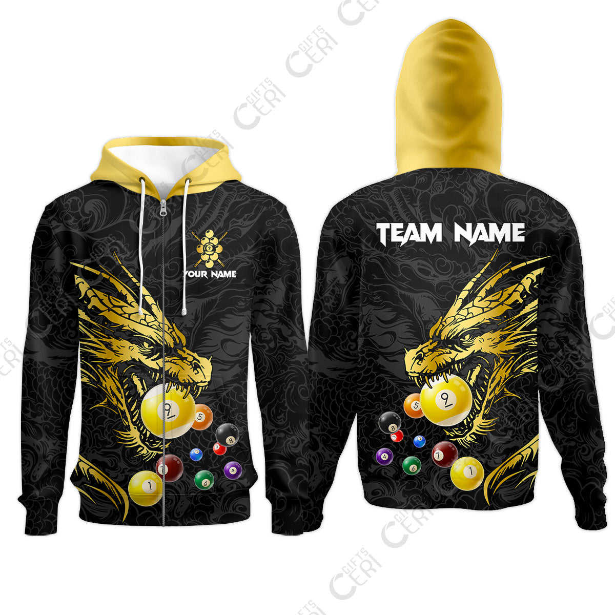 Customized Billiards Zip Hoodies, Dragon 9 Ball Personalized Jersey Gift For Billiard Players