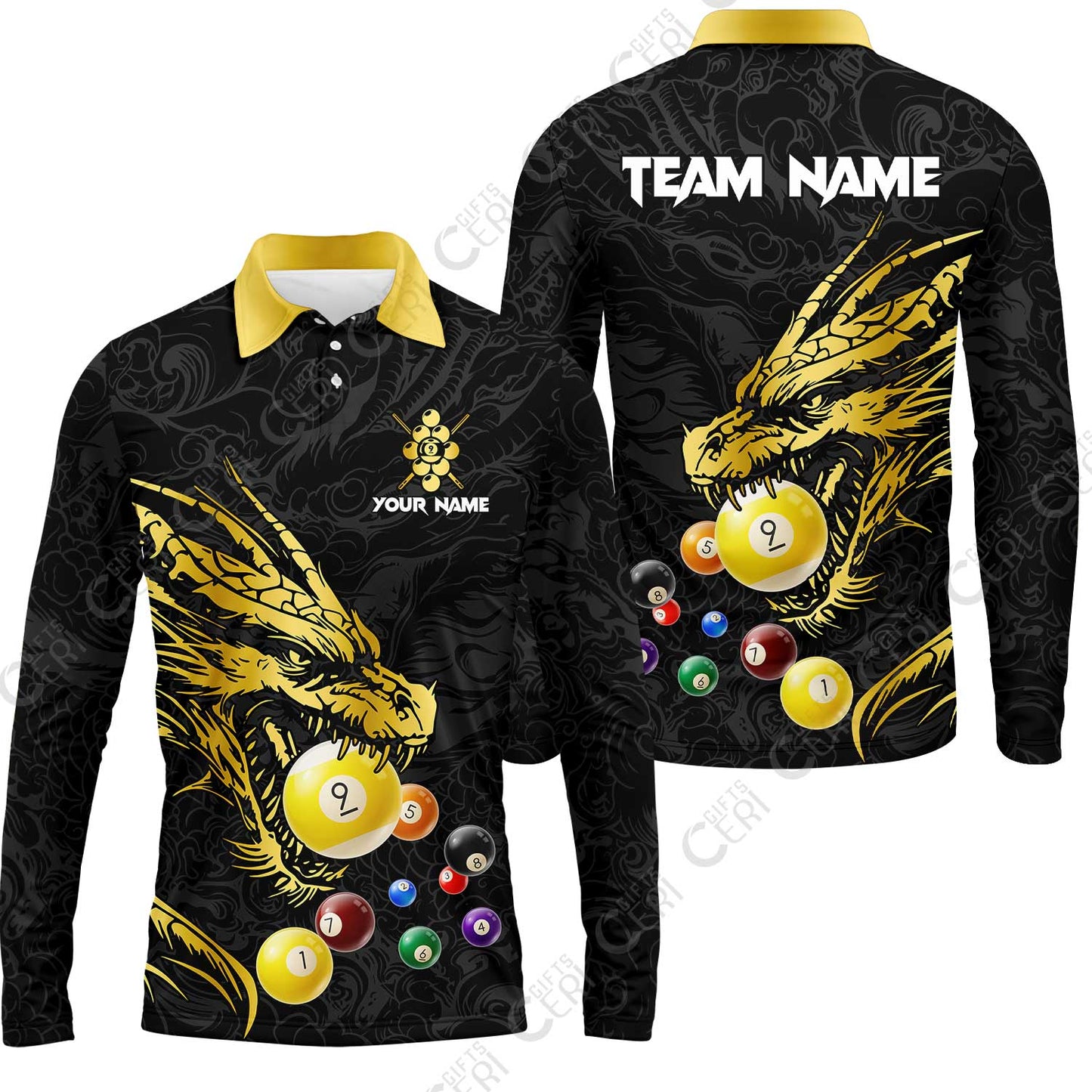 Customized Billiards Long Sleeve Polo Shirt, Dragon 9 Ball Personalized Jersey Gift For Billiard Players