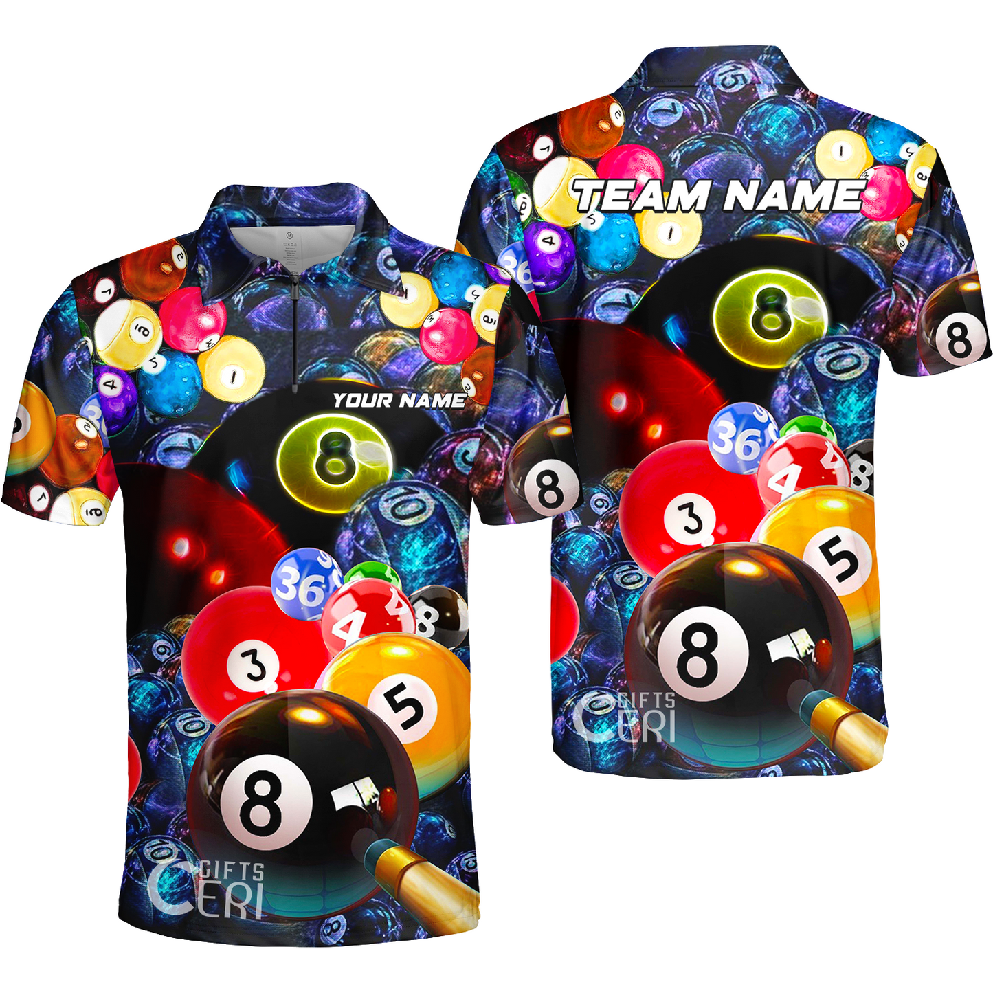 Customized Billiards Quarter-Zip Polo Shirt, Colorful Billiard 8 Ball Jersey Gift For Billiard Players