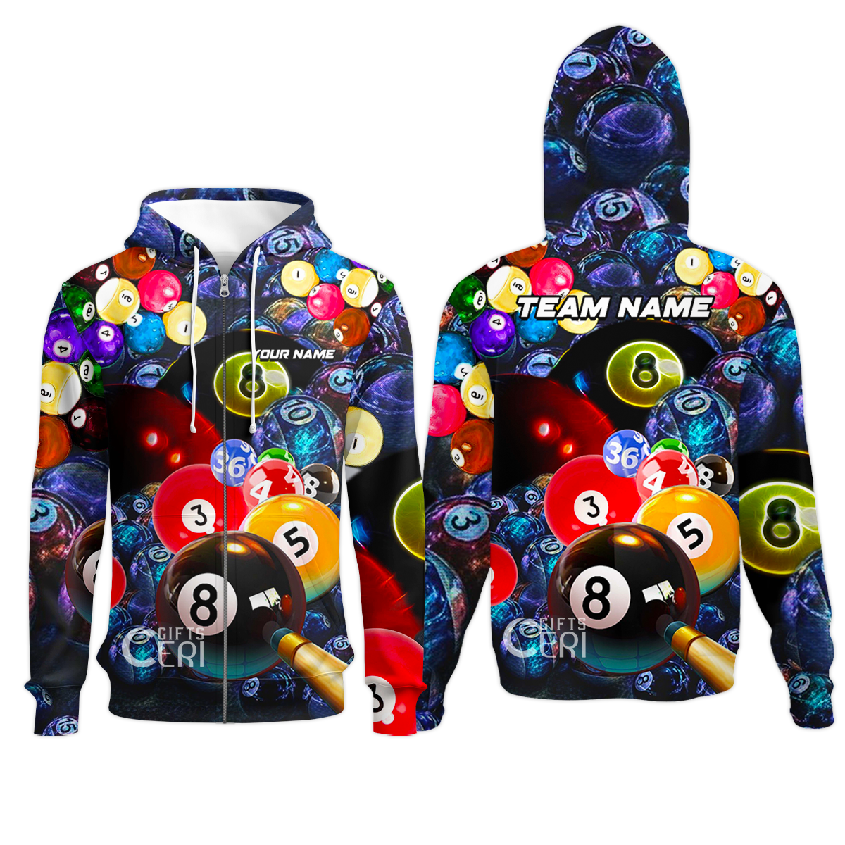 Customized Billiards Zip Hoodies, Colorful Billiard 8 Ball Jersey Gift For Billiard Players
