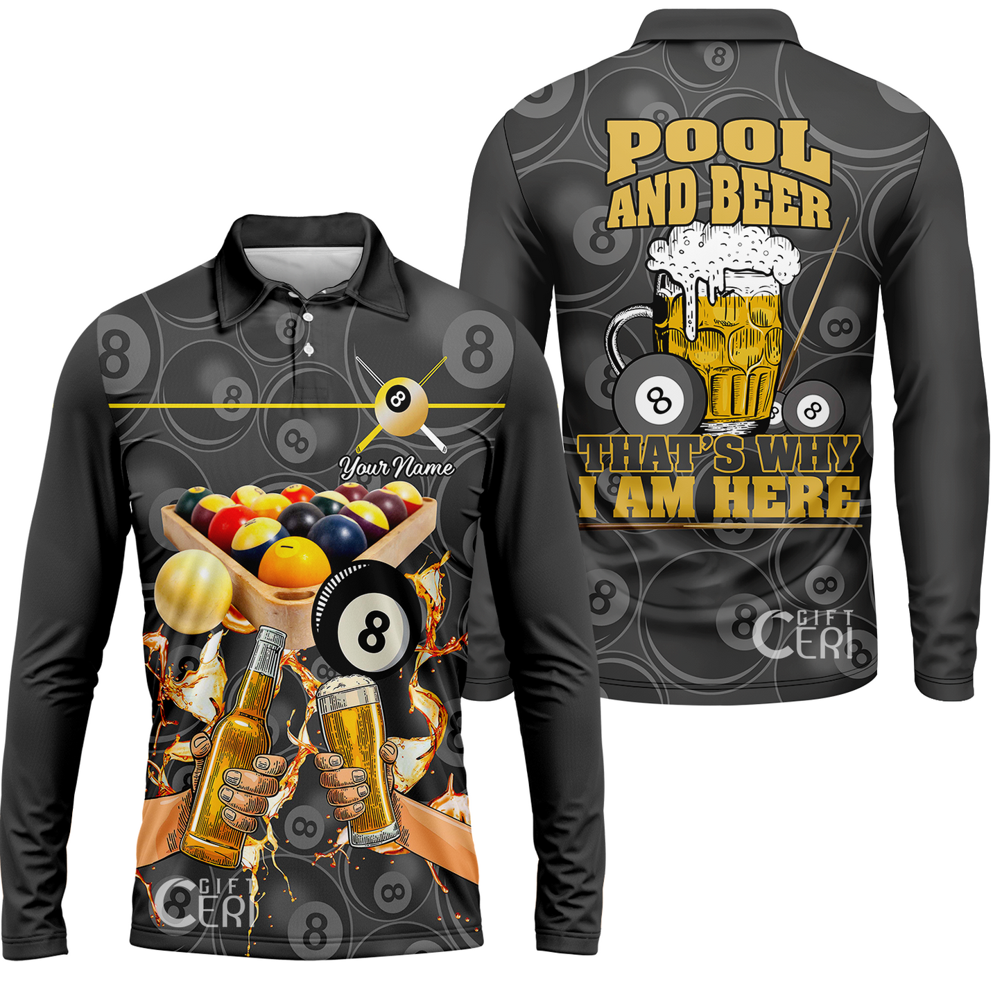 Customized Billiards Long Sleeve Polo Shirt, Personalized Pool And Beer That's Why I Am Here 8 Ball Jersey