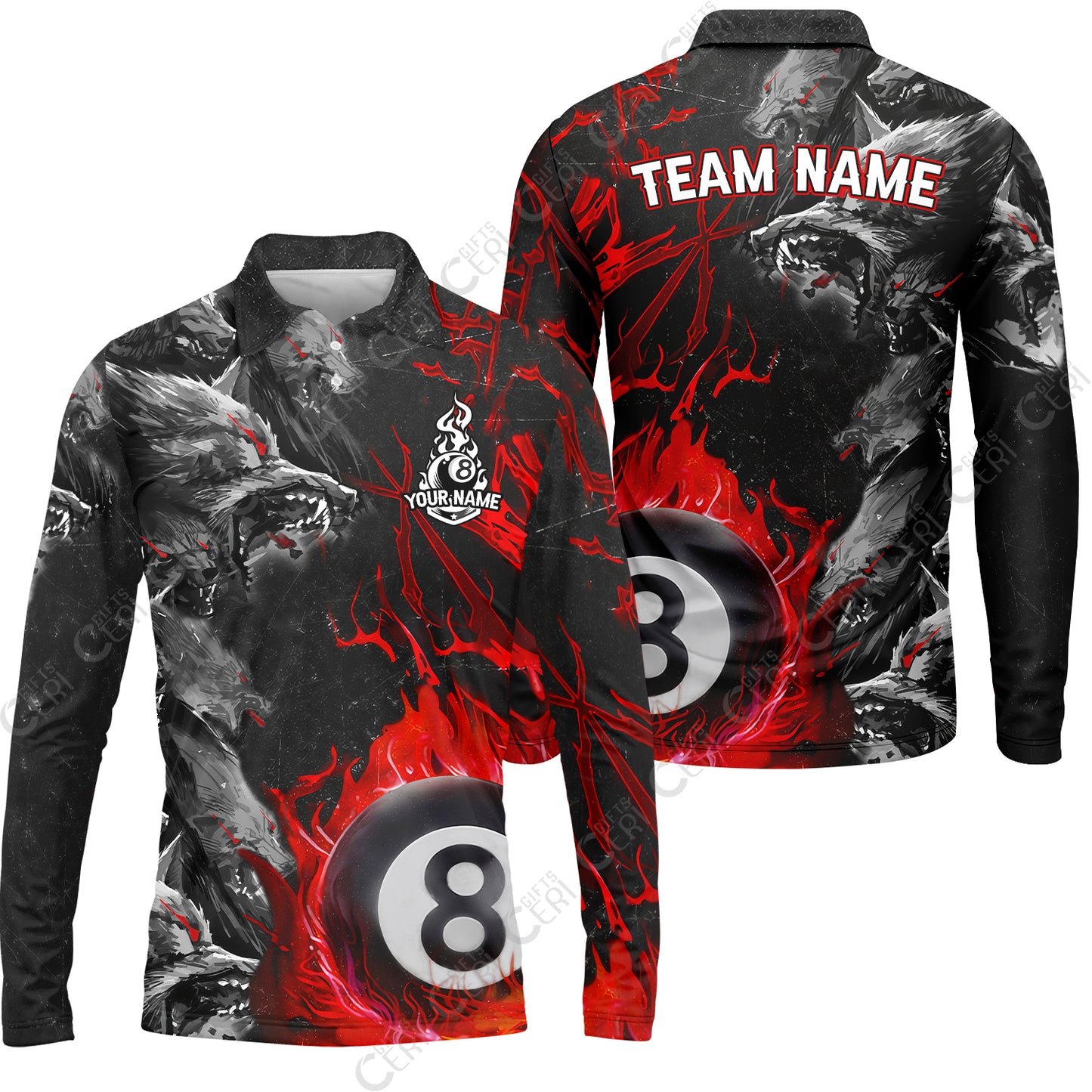 Customized Billiards Long Sleeve Polo Shirt, Personalized Wolf Pack Red Eye 8 Ball Jersey Gift For Billiard Players