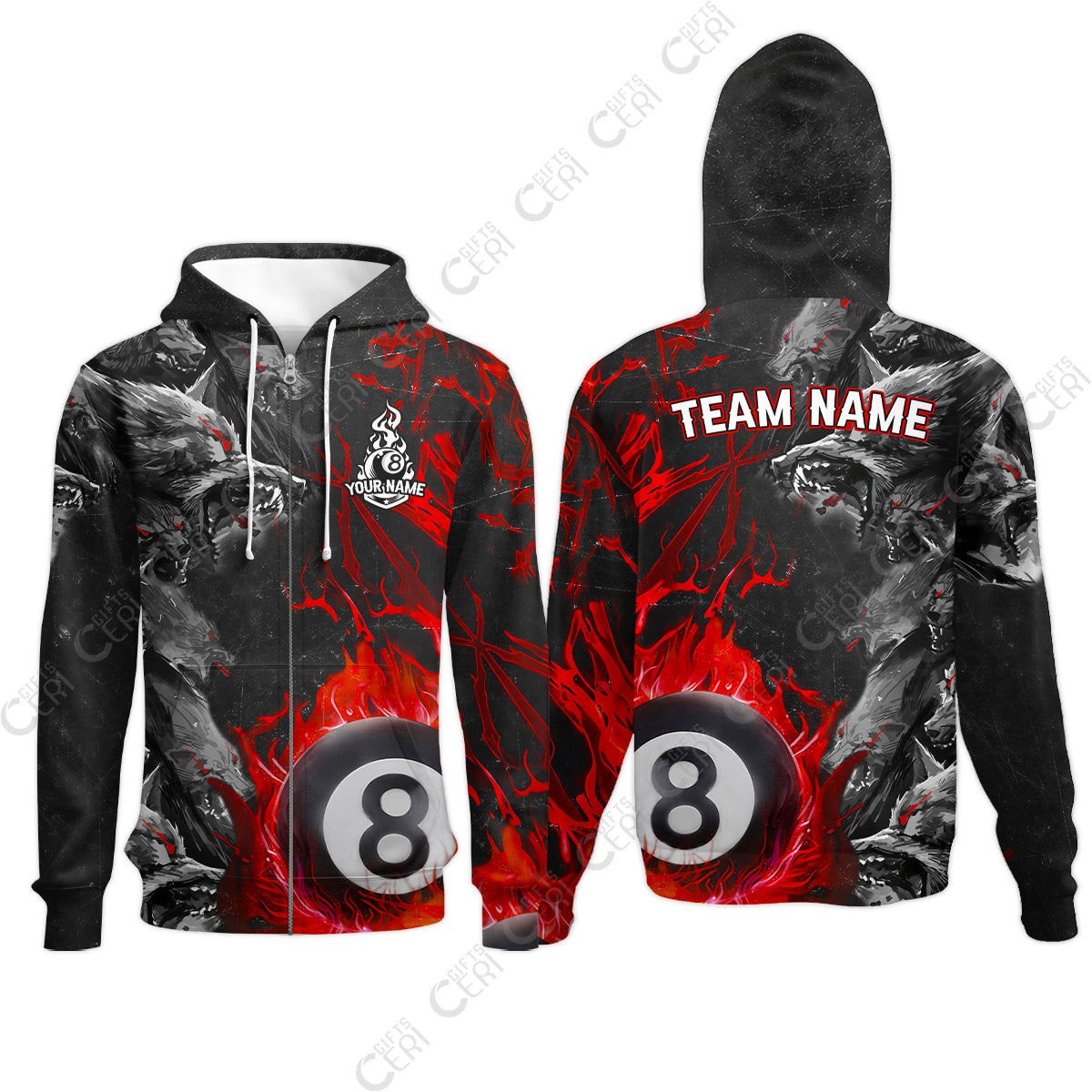 Customized Billiards Zip Hoodies, Personalized Billiard Wolf Pack Red Eye 8 Ball Jersey Gift For Billiard Players