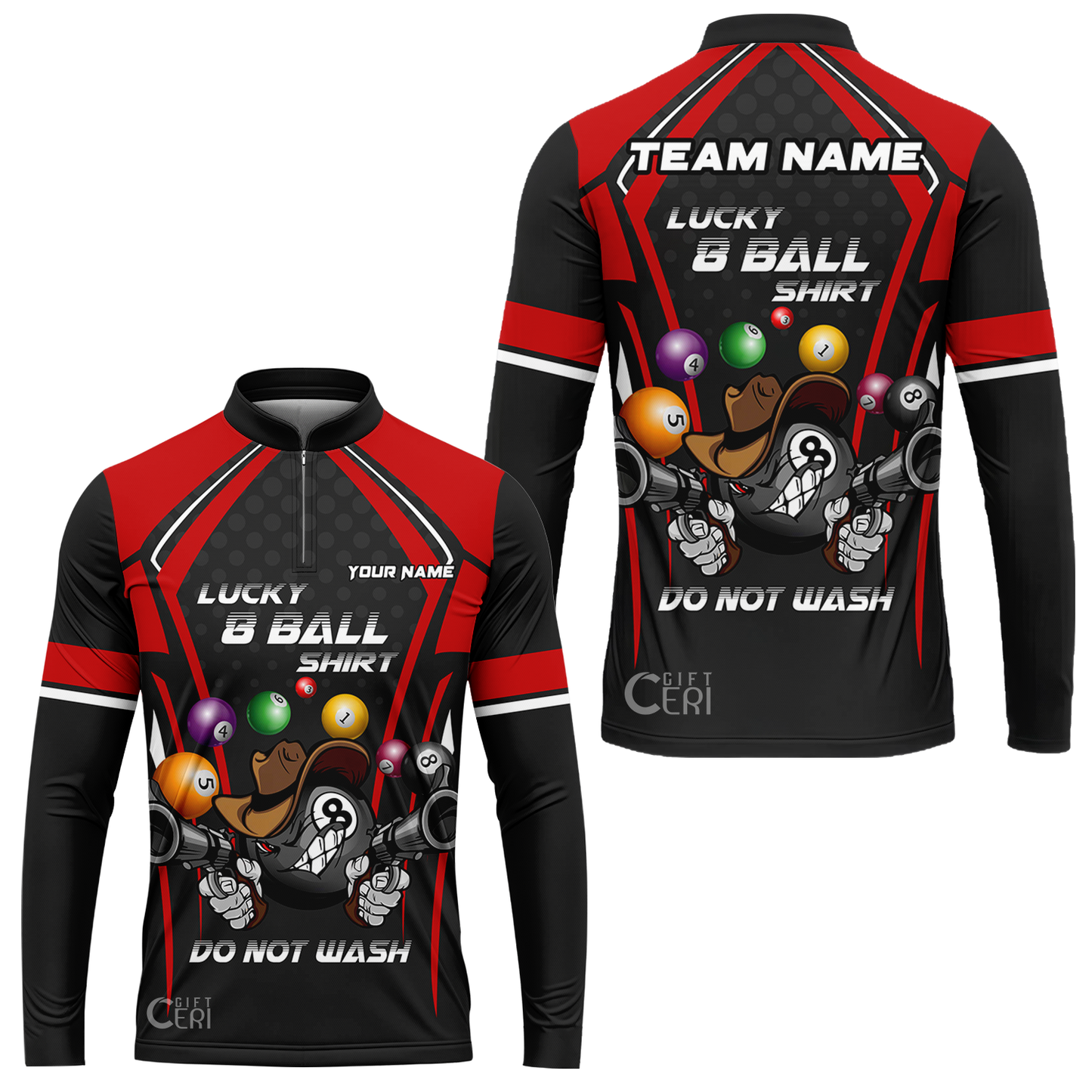 Customized Billiards Stand Collar Quarter-Zip Long Sleeve Jersey, Personalized Lucky 8 Ball Shirt Do Not Wash Jersey