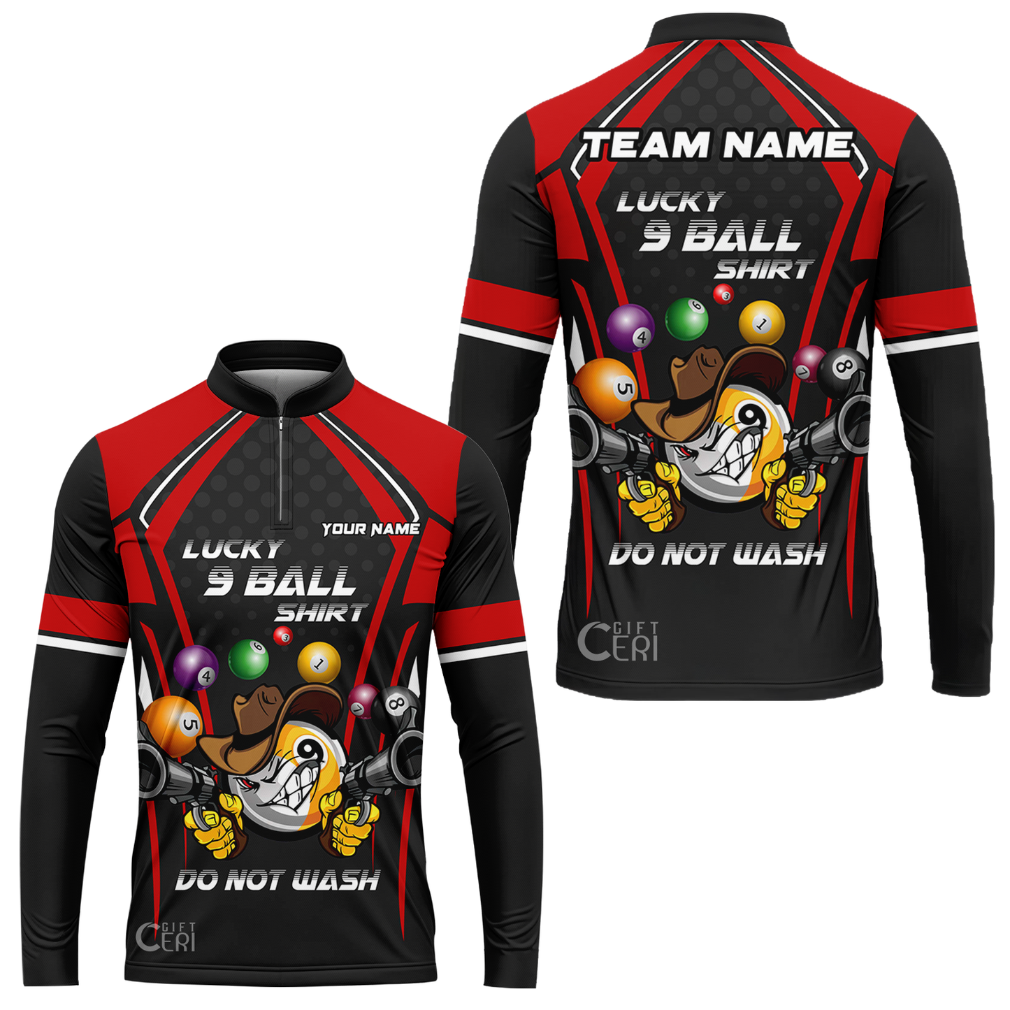 Customized Billiards Stand Collar Quarter-Zip Long Sleeve Jersey, Personalized Lucky 9 Ball Shirt Do Not Wash Jersey
