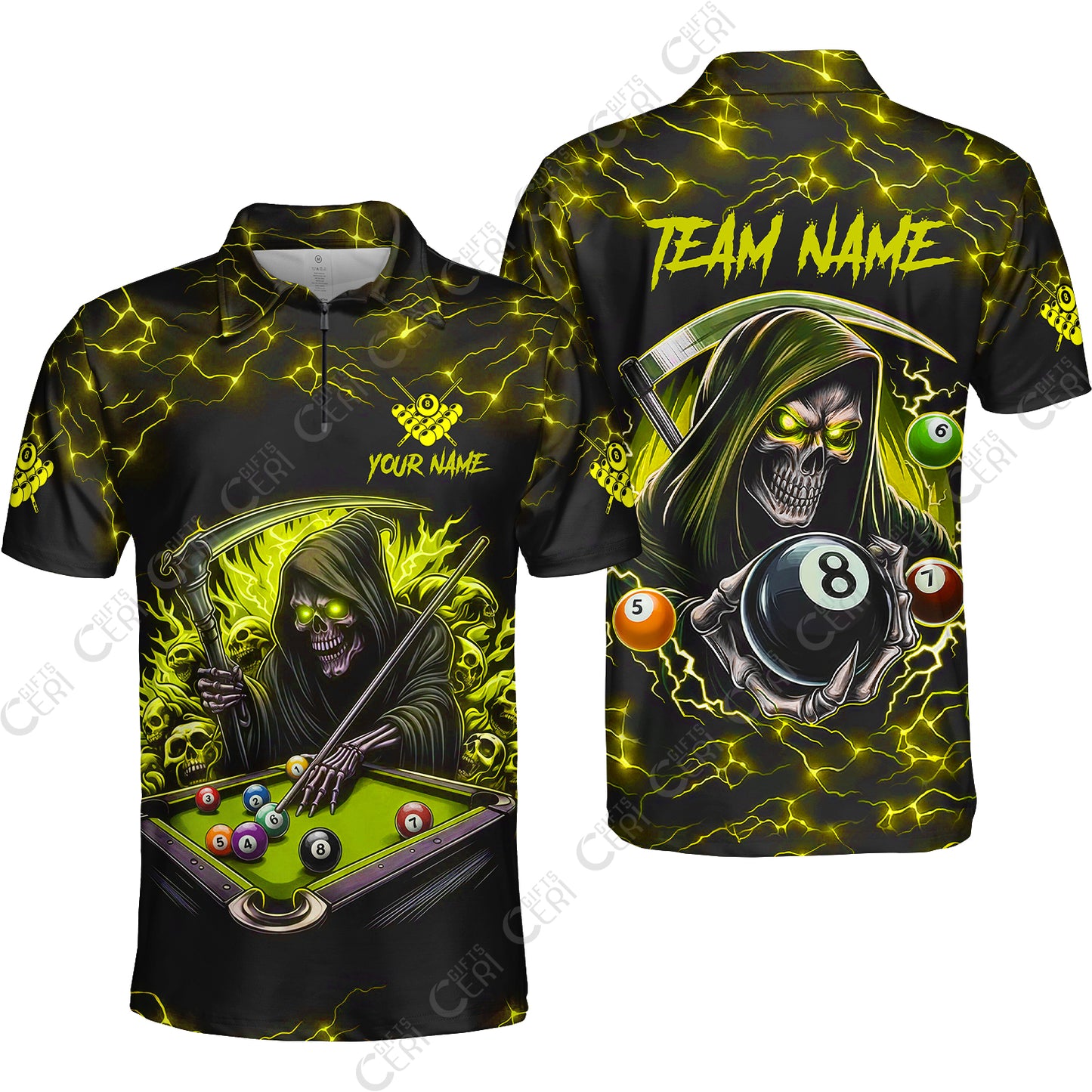 Customized Billiards Quarter-Zip Polo Shirt, Personalized Billiard Death Skeleton 8 Ball Jersey Gift For Billiard Players