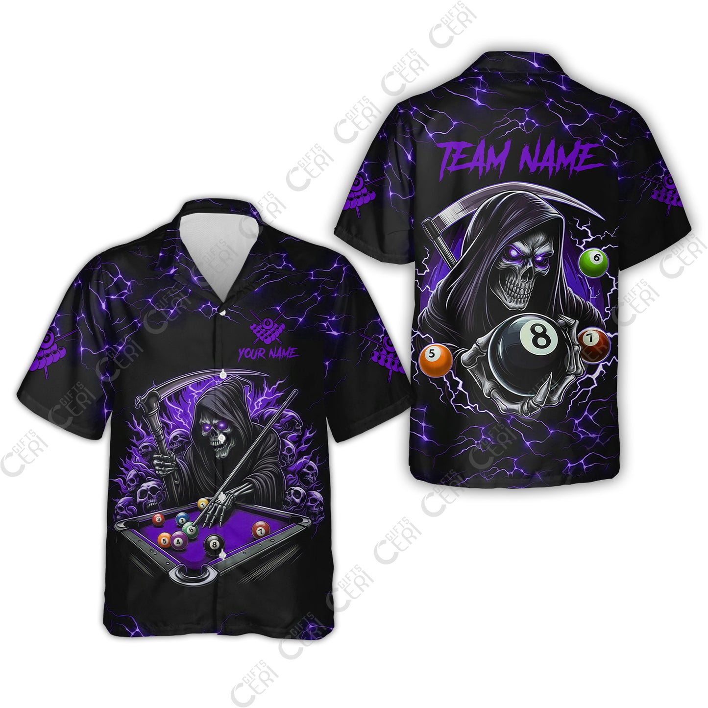 Customized Billiards Hawaiian Shirt, Personalized Billiard Death Skeleton 8 Ball Jersey Gift For Billiard Players