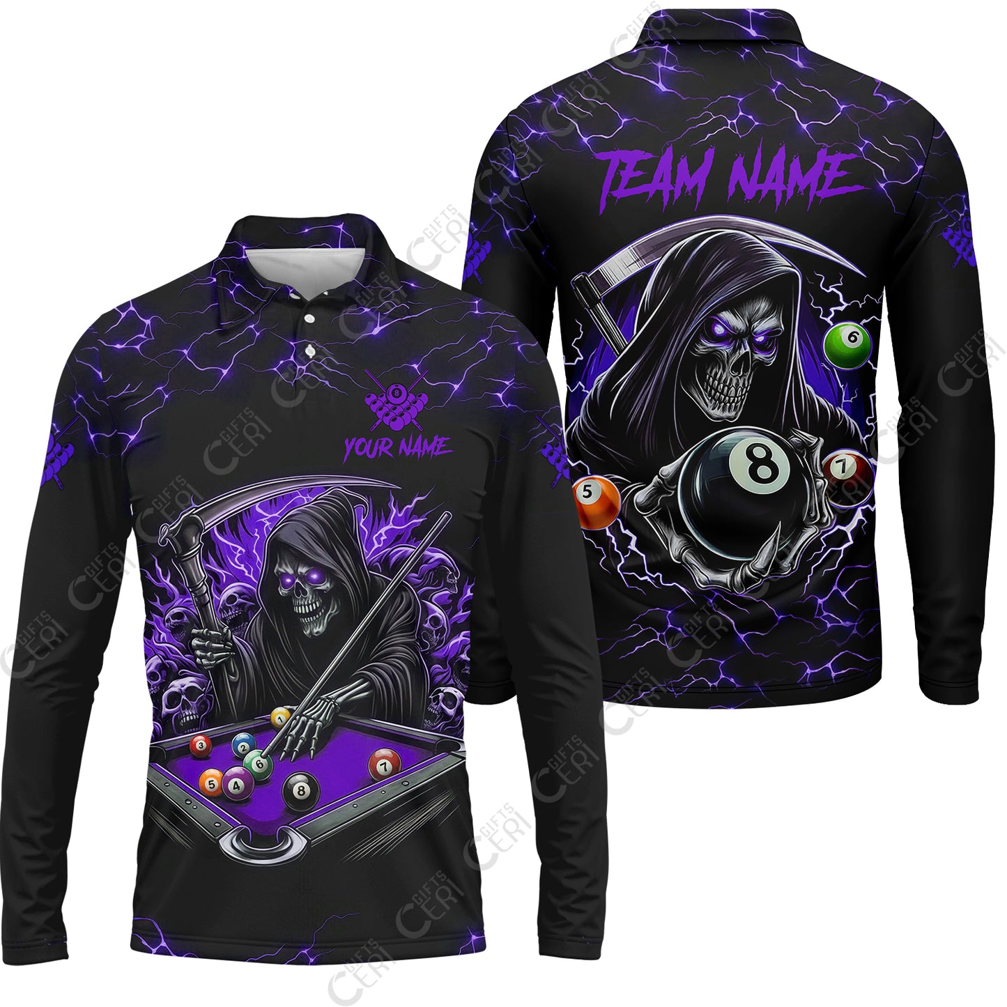 Customized Billiards Long Sleeve Polo Shirt, Personalized Billiard Death Skeleton 8 Ball Jersey Gift For Billiard Players