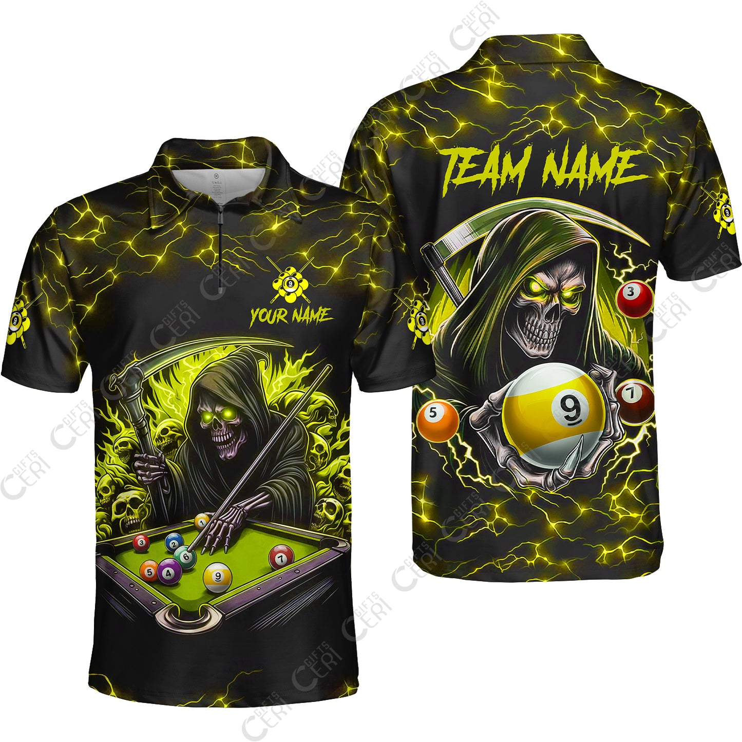 Customized Billiards Quarter-Zip Polo Shirt, Personalized Billiard Death Skeleton 9 Ball Jersey Gift For Billiard Players