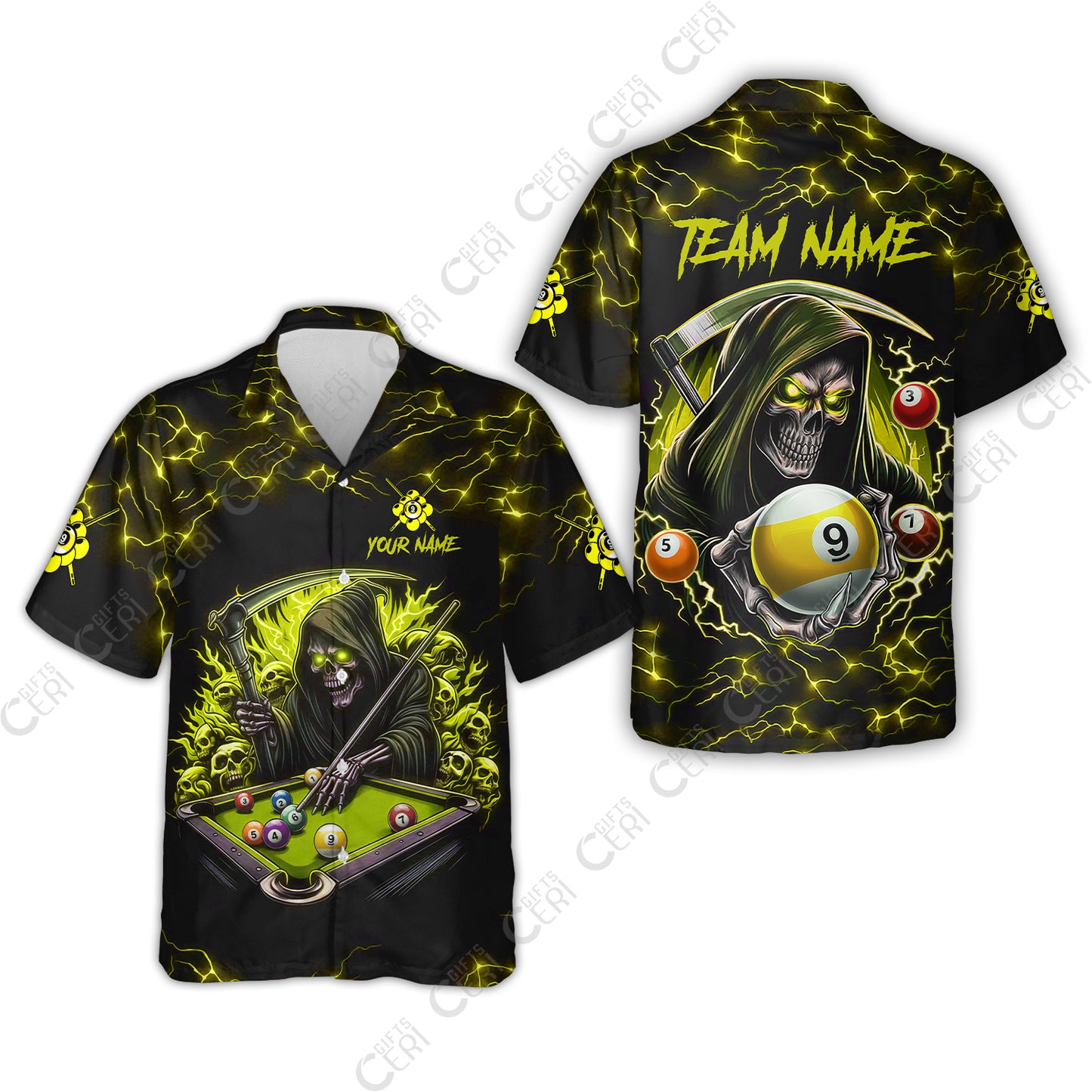 Customized Billiards Hawaiian Shirt, Personalized Billiard Death Skeleton 9 Ball Jersey Gift For Billiard Players