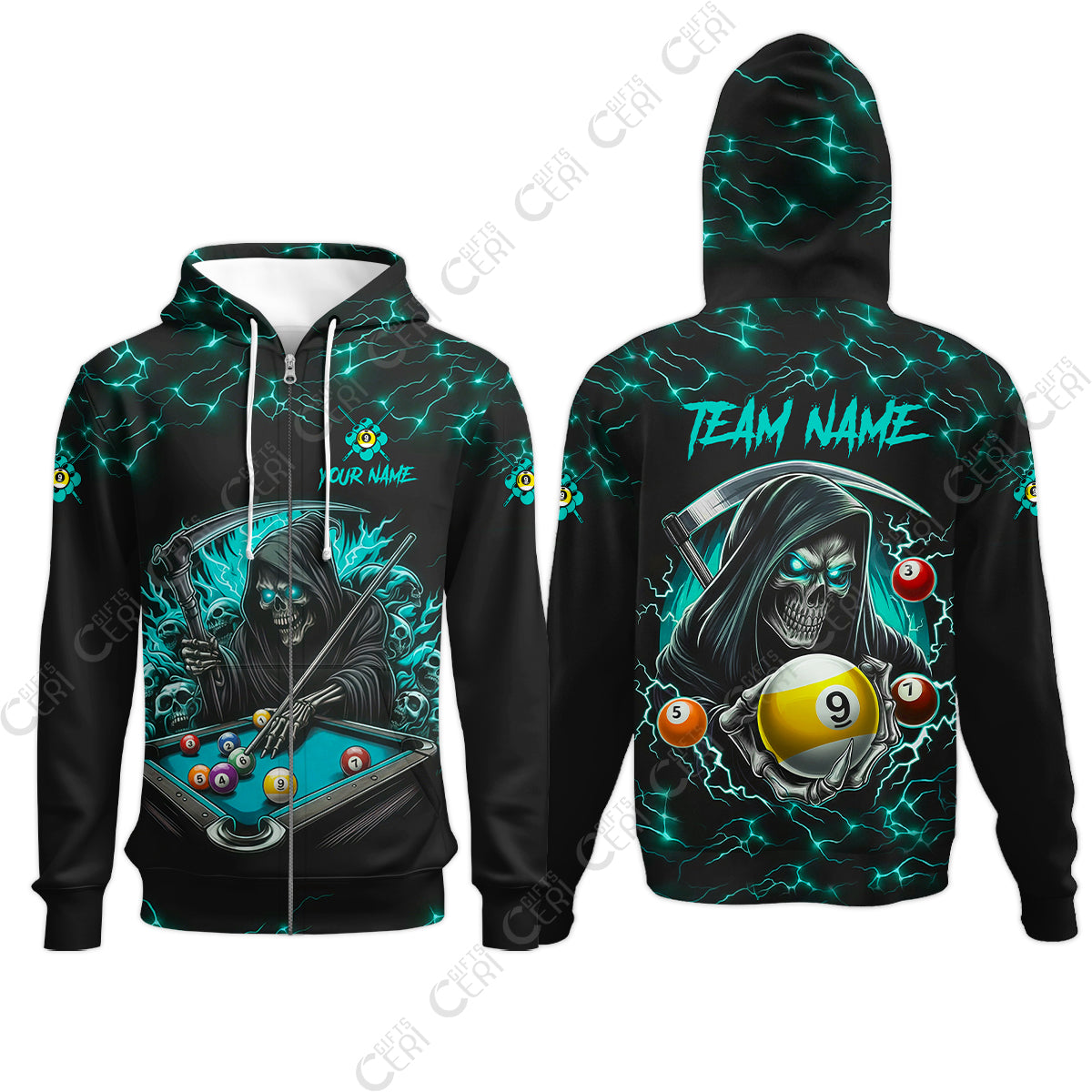 Customized Billiards Zip Hoodies, Personalized Billiard Death Skeleton 9 Ball Jersey Gift For Billiard Players