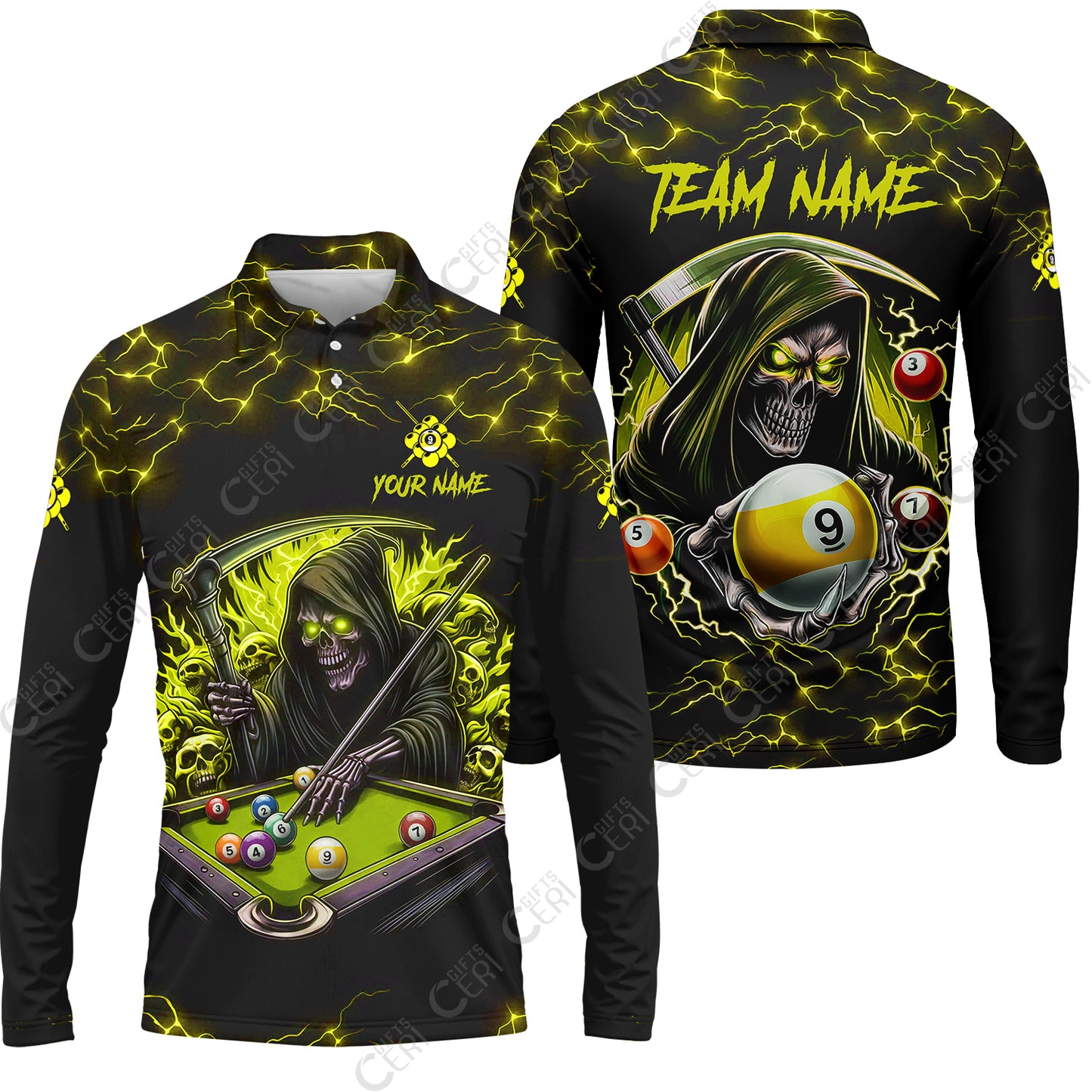 Customized Billiards Long Sleeve Polo Shirt, Personalized Billiard Death Skeleton 9 Ball Jersey Gift For Billiard Players