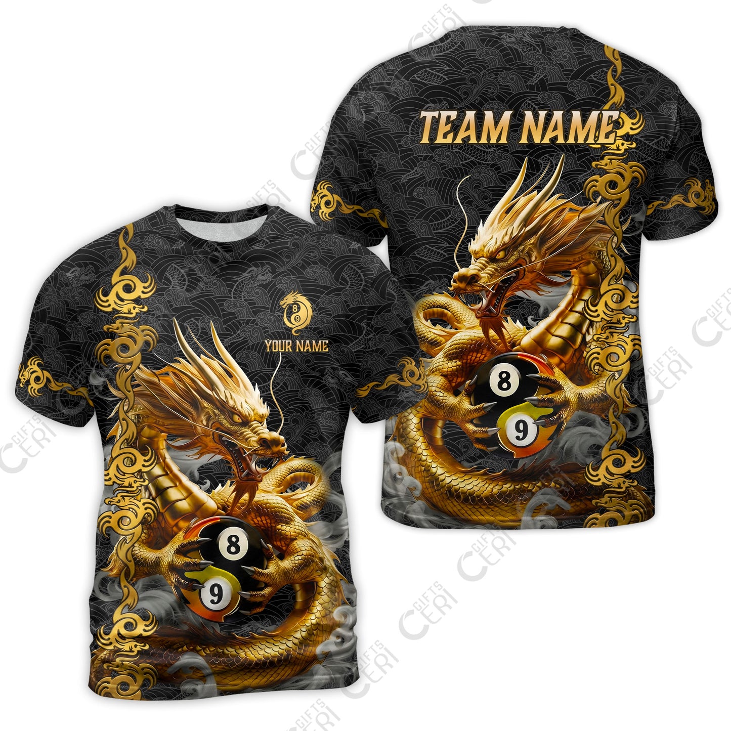Customized Billiards T-Shirt, Personalized Dragon Billiard Yin Yang 8 Ball 9 Ball Jersey Gift For Billiard Players