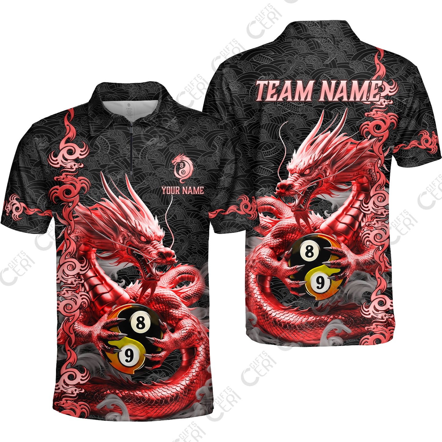 Customized Billiards Quarter-Zip Polo Shirt, Personalized Dragon Yin Yang 8 Ball 9 Ball Jersey Gift For Billiard Players