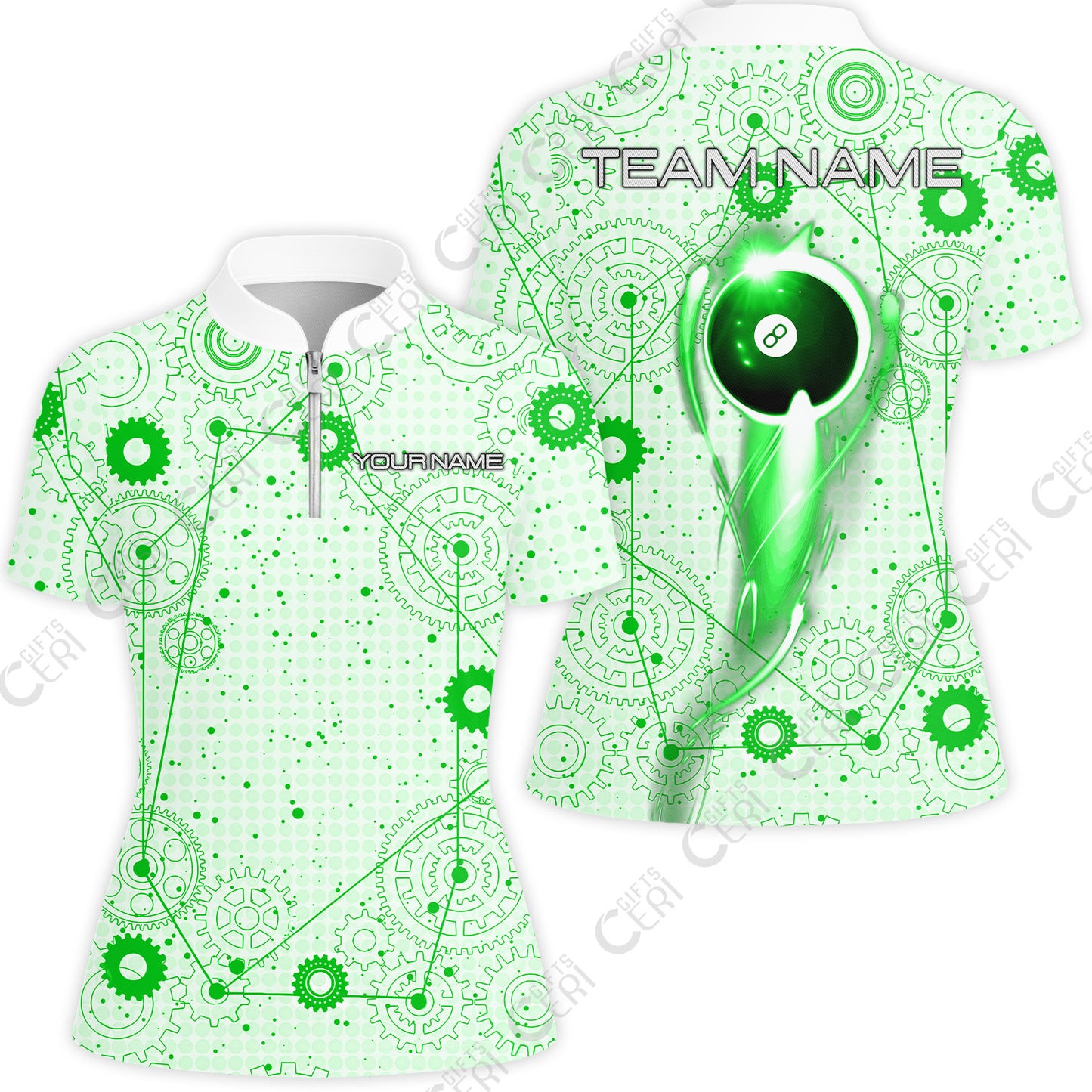 Customized Billiards Stand Collar Quarter Zip Short Sleeve Women's Shirt, Personalized 8 Ball Lighting Gear Pattern Jersey