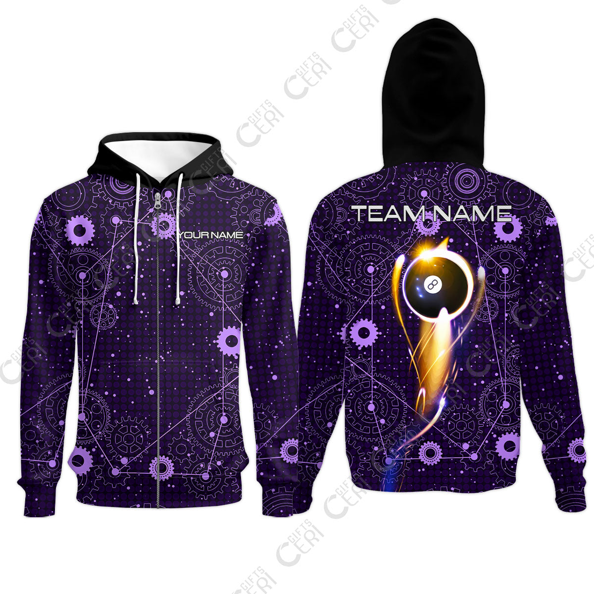 Customized Billiards Zip Hoodies, Personalized Billiard 8 Ball Lighting Gear Pattern Jersey Gift For Billiard Players