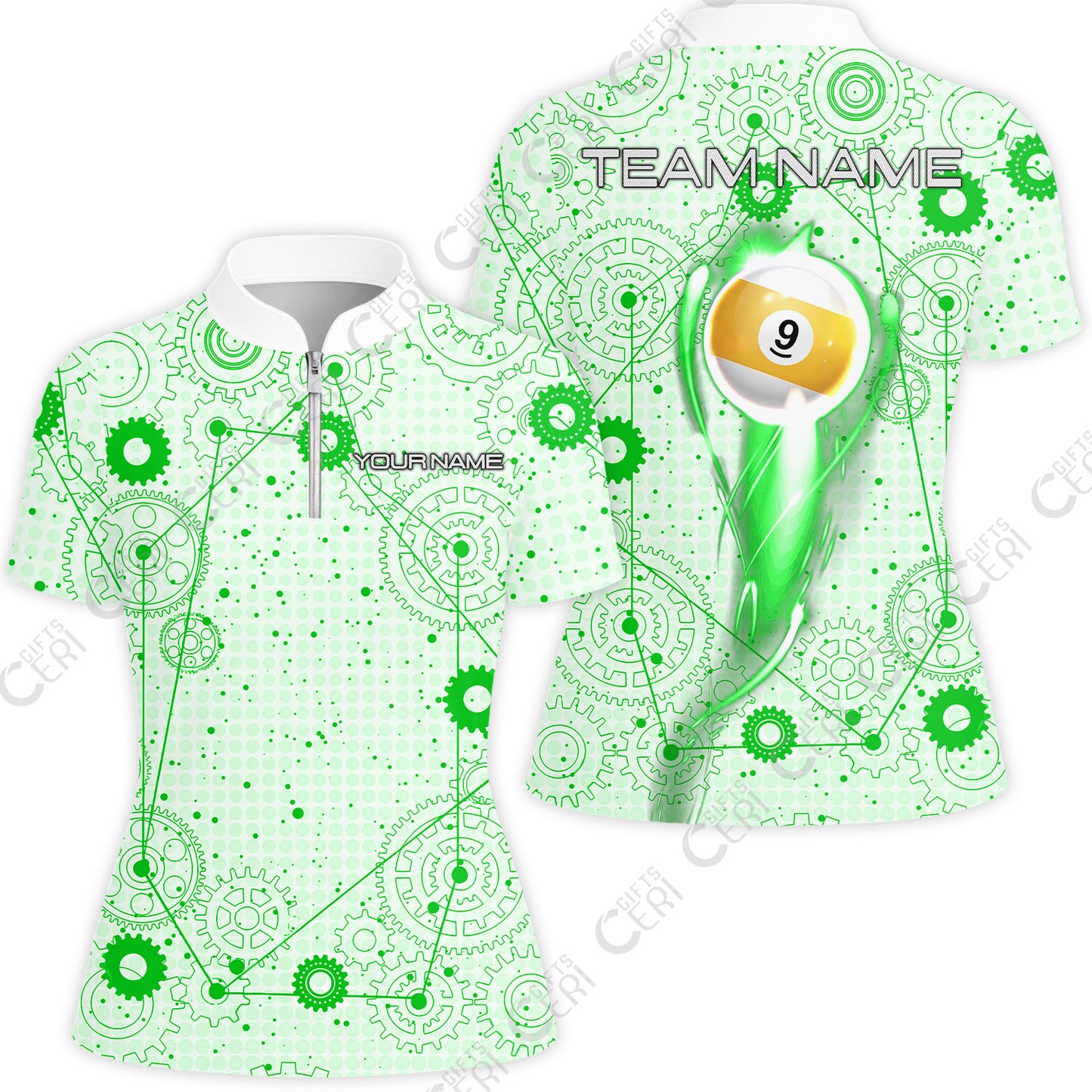Customized Billiards Stand Collar Quarter Zip Short Sleeve Women's Shirt, Personalized 9 Ball Lighting Gear Pattern Jersey