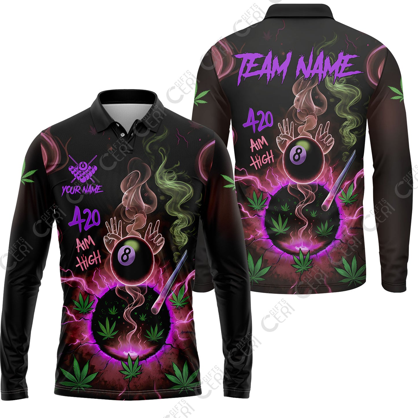 Customized Billiards Long Sleeve Polo Shirt, Personalized 420 Aim High 8 Ball Pool Team Jersey Gift For Billiard Players