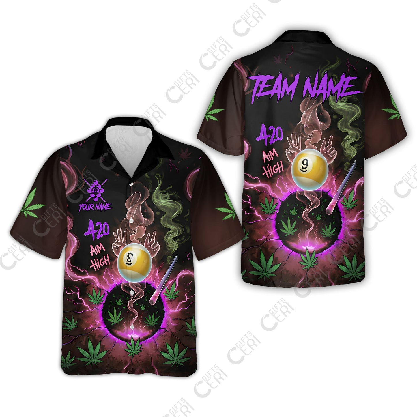 Customized Billiards Hawaiian Shirt, Personalized 420 Aim High 9 Ball Pool Team Jersey Gift For Billiard Players