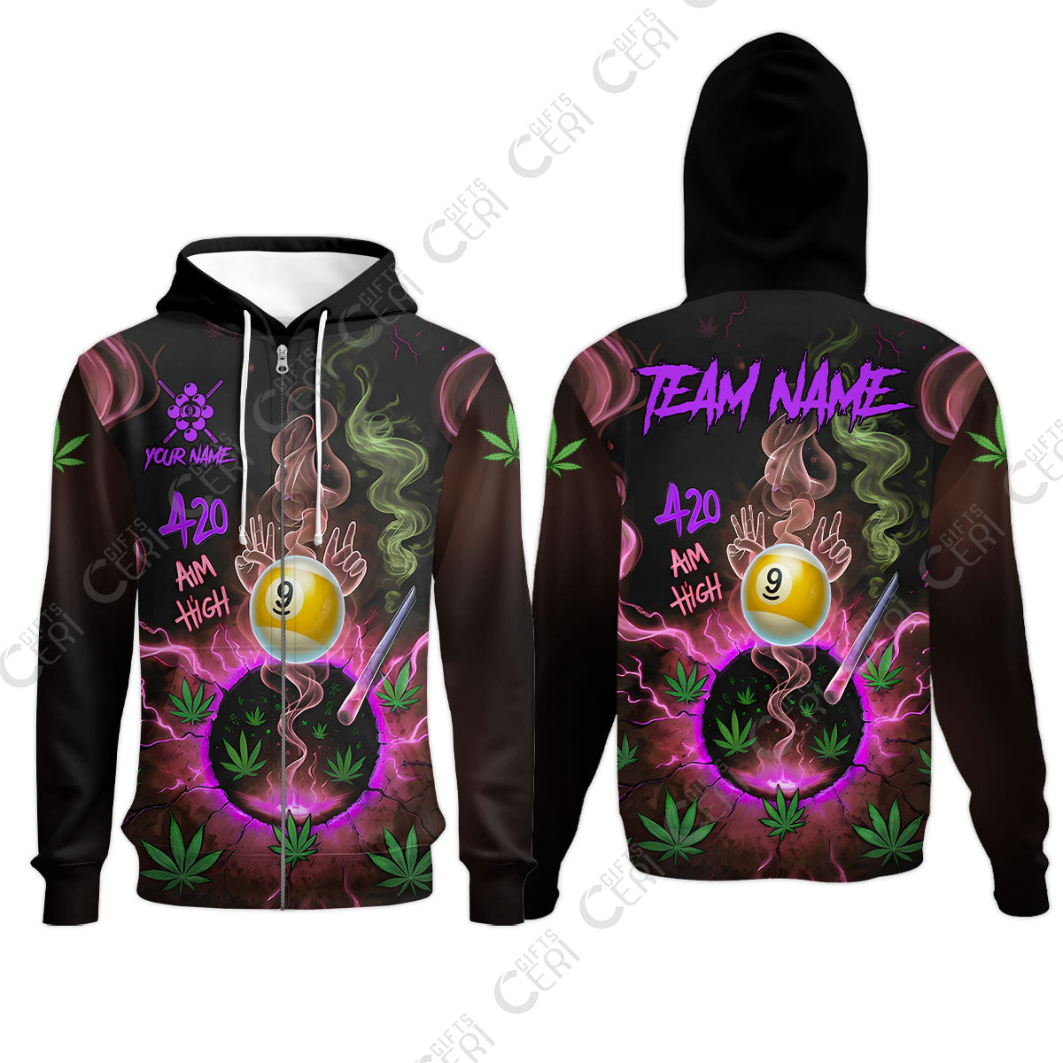 Customized Billiards Zip Hoodies, Personalized 420 Aim High 9 Ball Pool Team Jersey Gift For Billiard Players