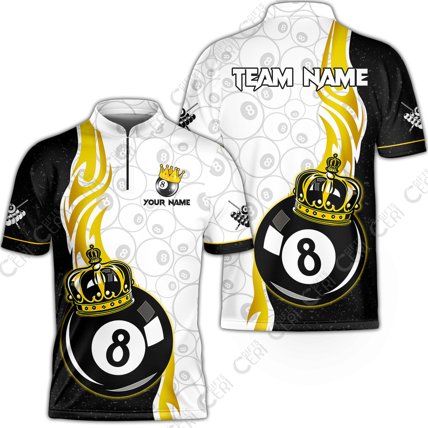 Customized Billiards Stand Collar Quarter-Zip Short Sleeve Jersey, Personalized 8 Ball Pool Crown Billiard Jersey