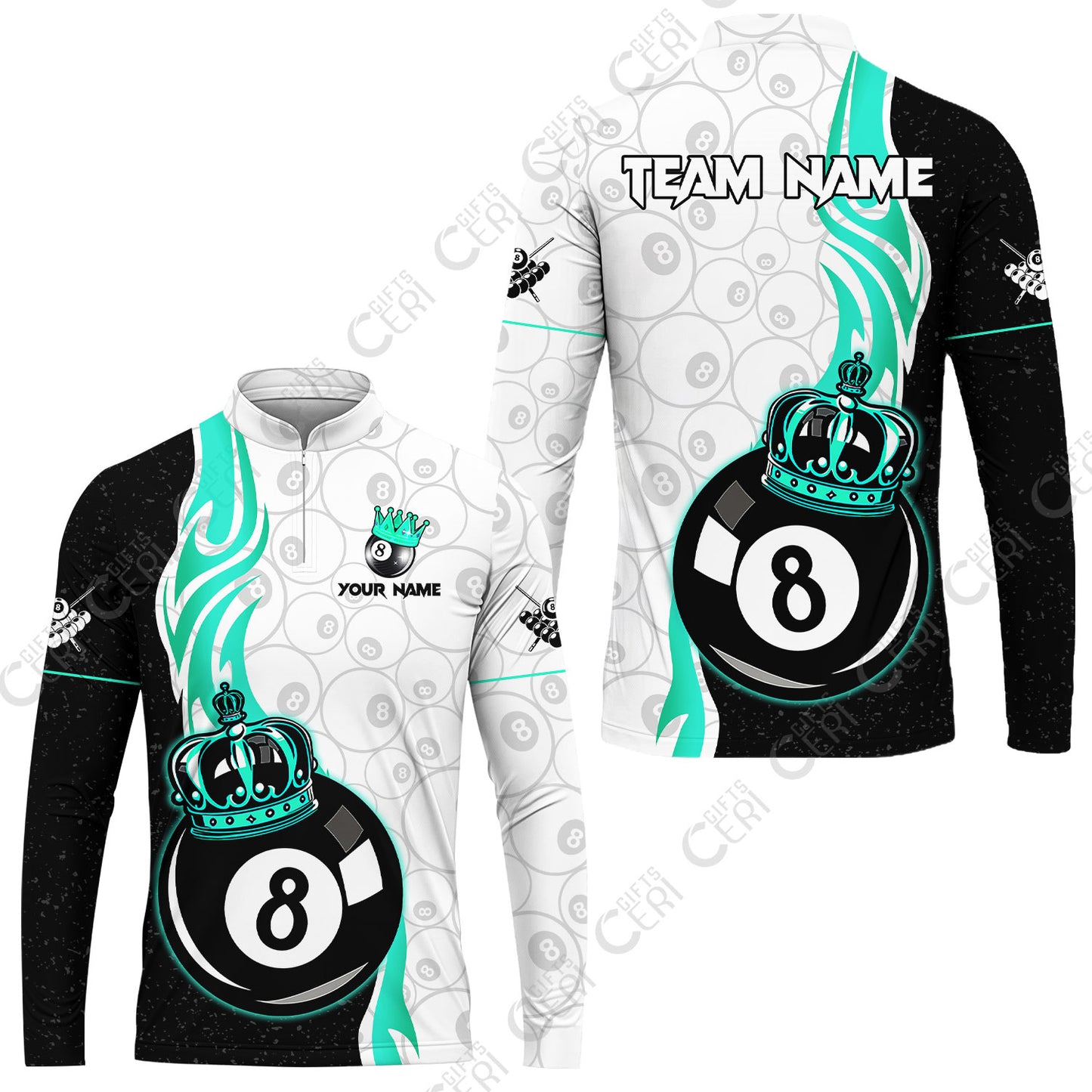 Customized Billiards Stand Collar Quarter-Zip Long Sleeve Jersey, Personalized 8 Ball Pool Crown Billiard Jersey