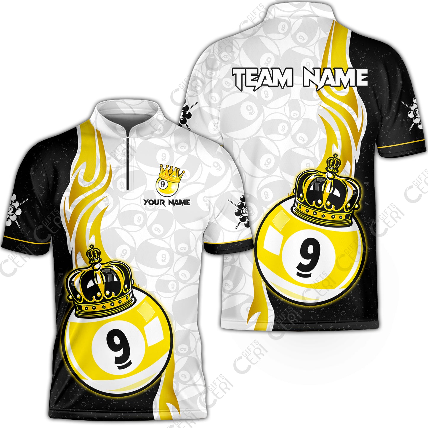 Customized Billiards Stand Collar Quarter-Zip Short Sleeve Jersey, Personalized 9 Ball Pool Crown Billiard Jersey