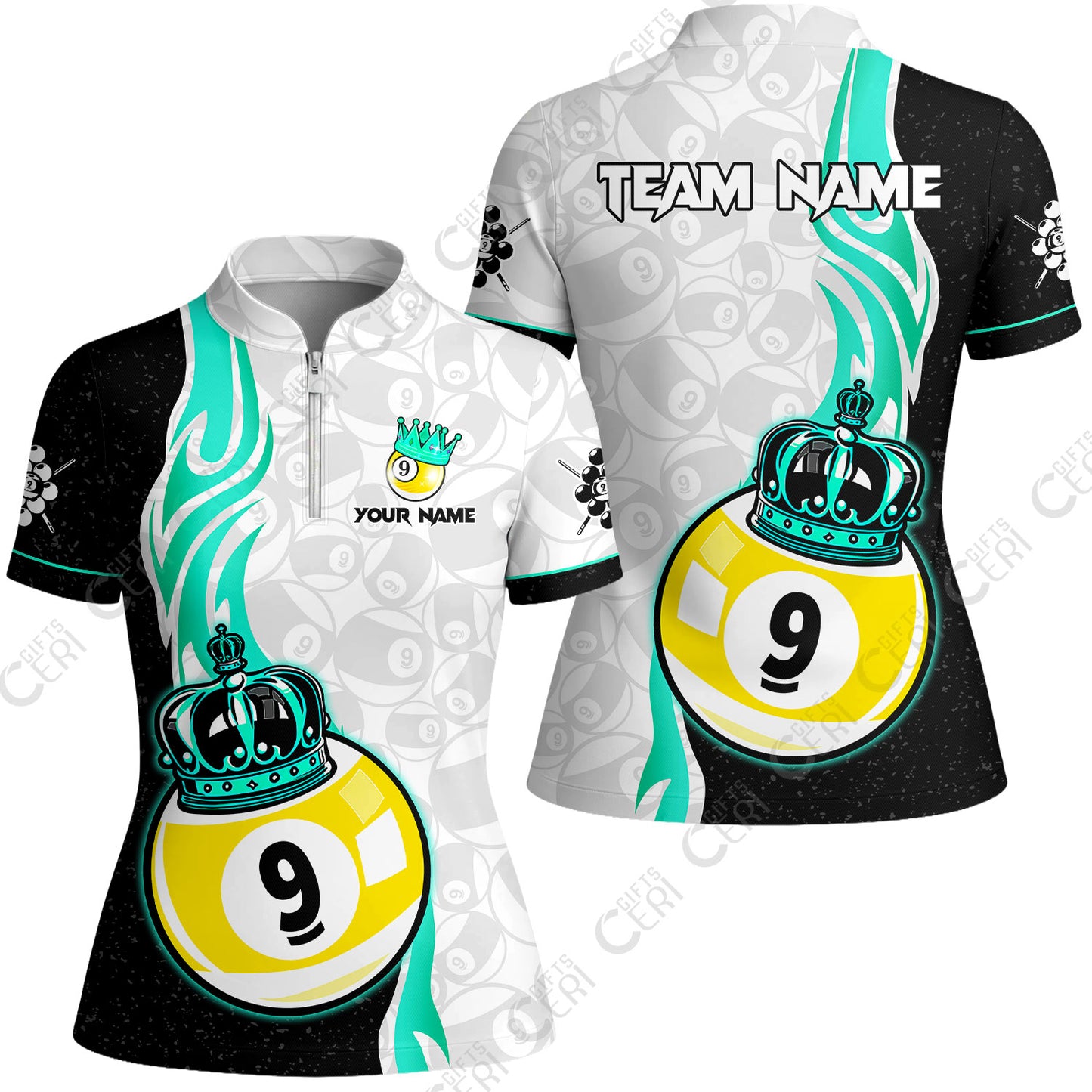 Customized Billiards Stand Collar Quarter Zip Short Sleeve Women's Shirt, Personalized 9 Ball Pool Crown Billiard Jersey