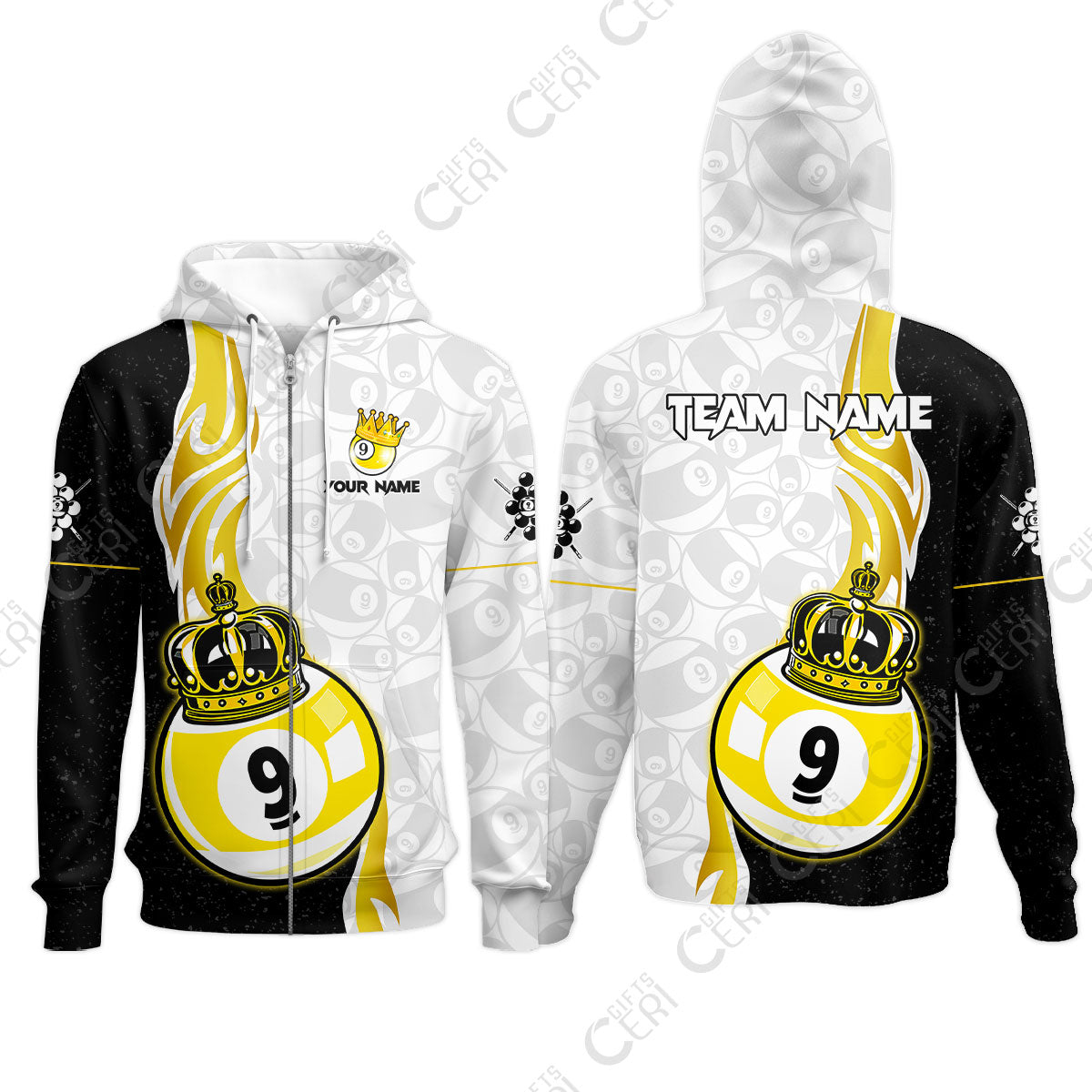 Customized Billiards Zip Hoodies, Personalized 9 Ball Pool Crown Billiard Jersey Gift For Billiard Players
