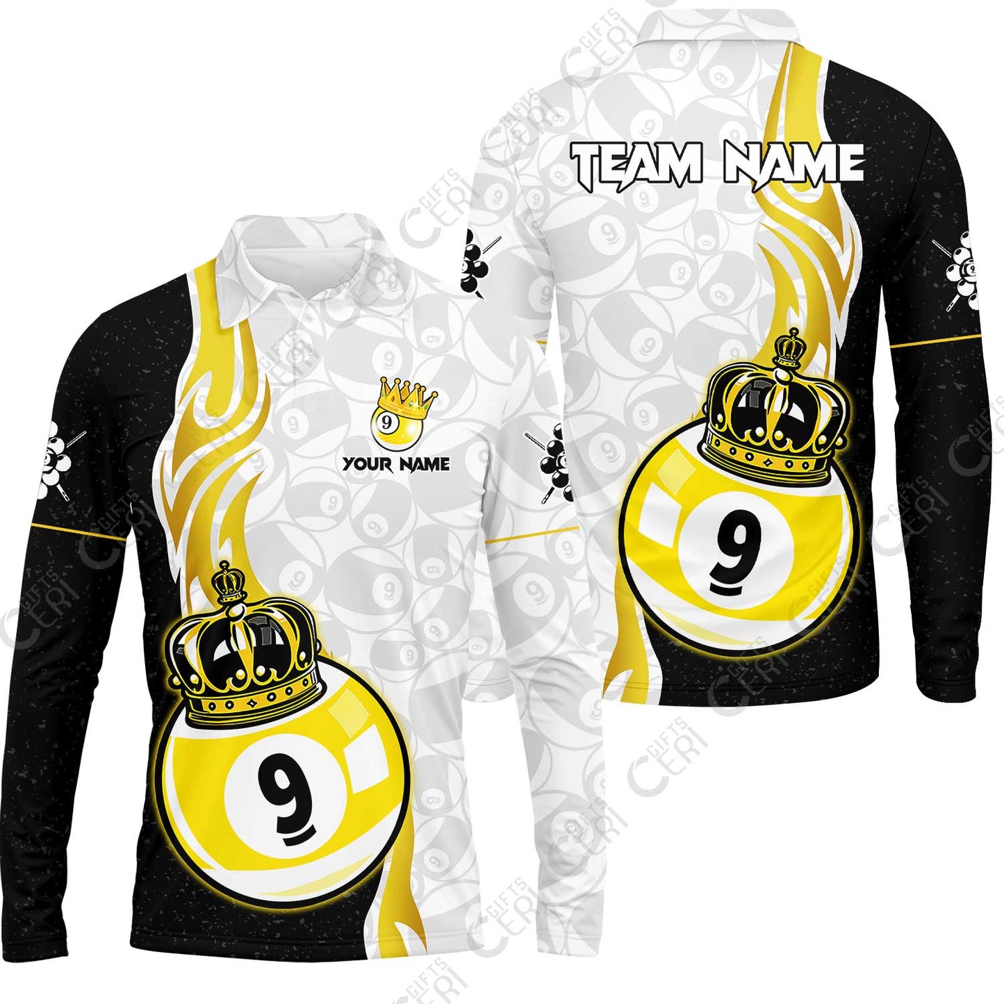 Customized Billiards Long Sleeve Polo Shirt, Personalized 9 Ball Pool Crown Billiard Jersey Gift For Billiard Players