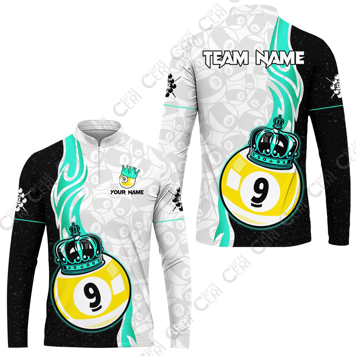 Customized Billiards Stand Collar Quarter-Zip Long Sleeve Jersey, Personalized 9 Ball Pool Crown Billiard Jersey