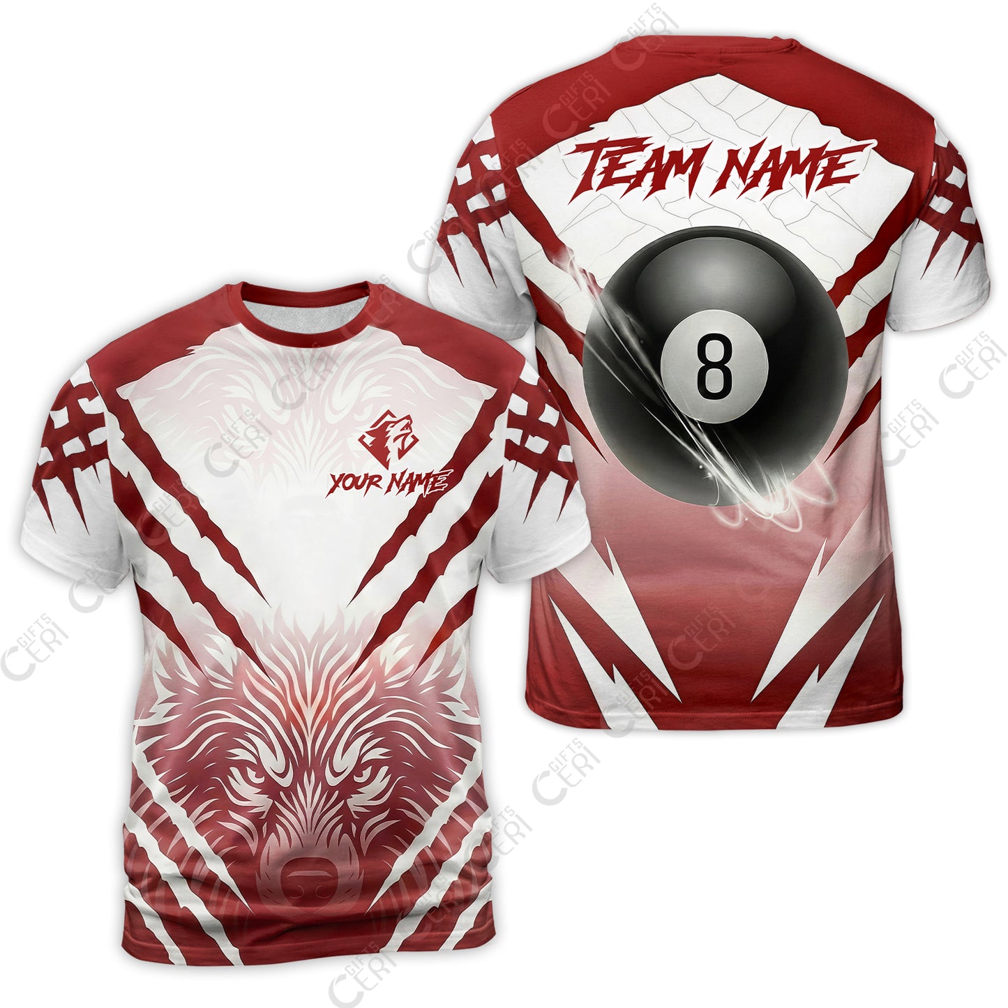Customized Billiards T-Shirt, Personalized 8 Ball Wolf Scratch Pattern Billiard Jersey Gift For Billiard Players