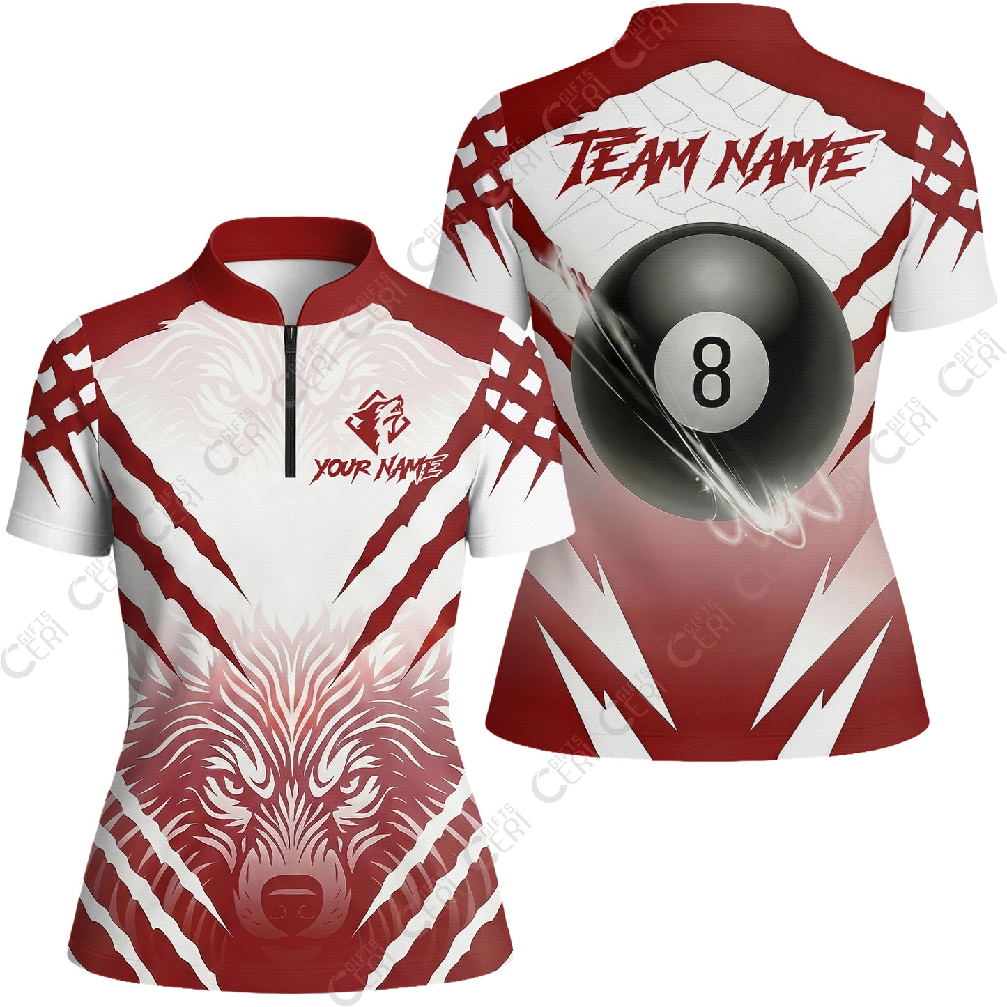 Customized Billiards Stand Collar Quarter Zip Short Sleeve Women's Shirt, 8 Ball Wolf Scratch Pattern Billiard Jersey