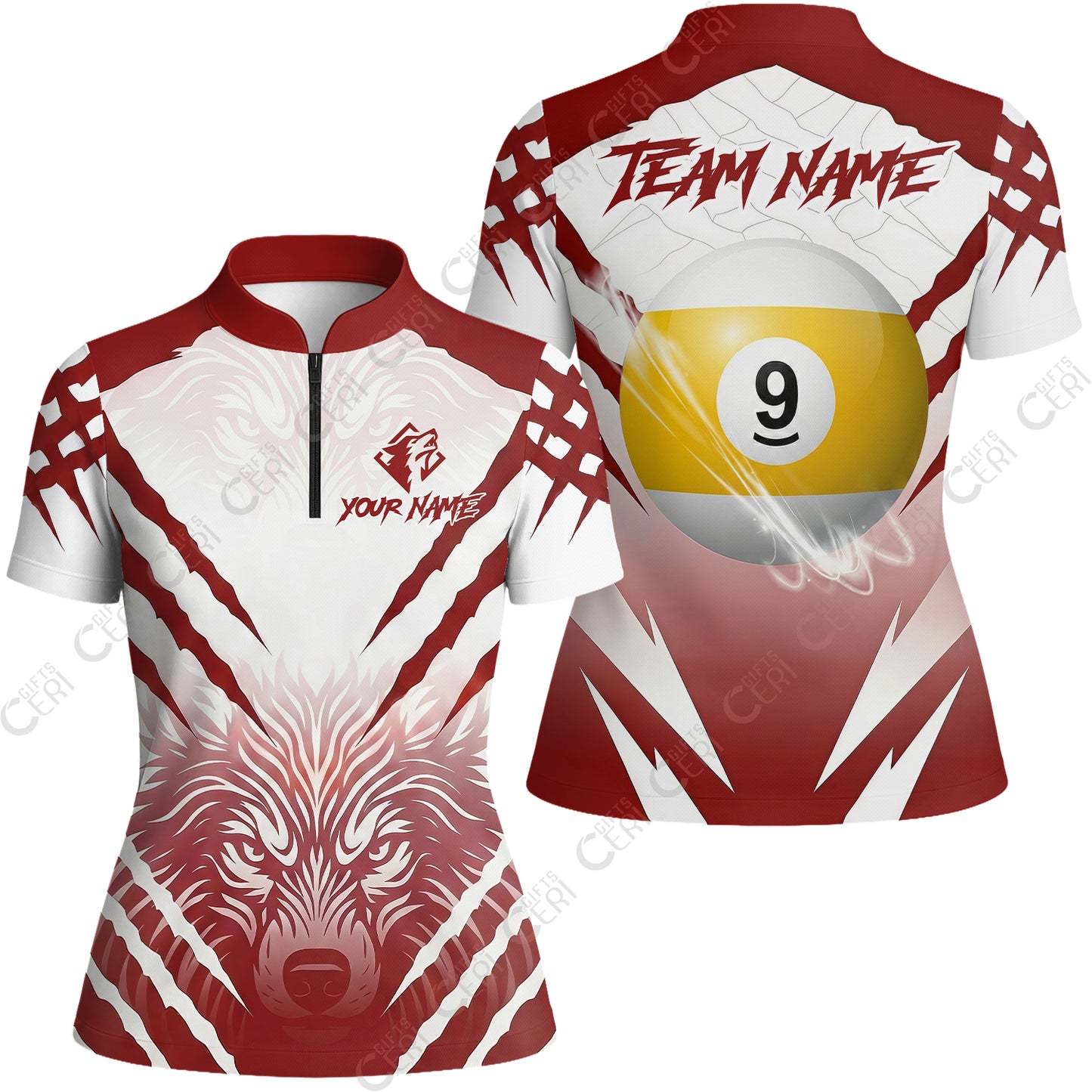 Customized Billiards Stand Collar Quarter Zip Short Sleeve Women's Shirt, 9 Ball Wolf Scratch Pattern Billiard Jersey