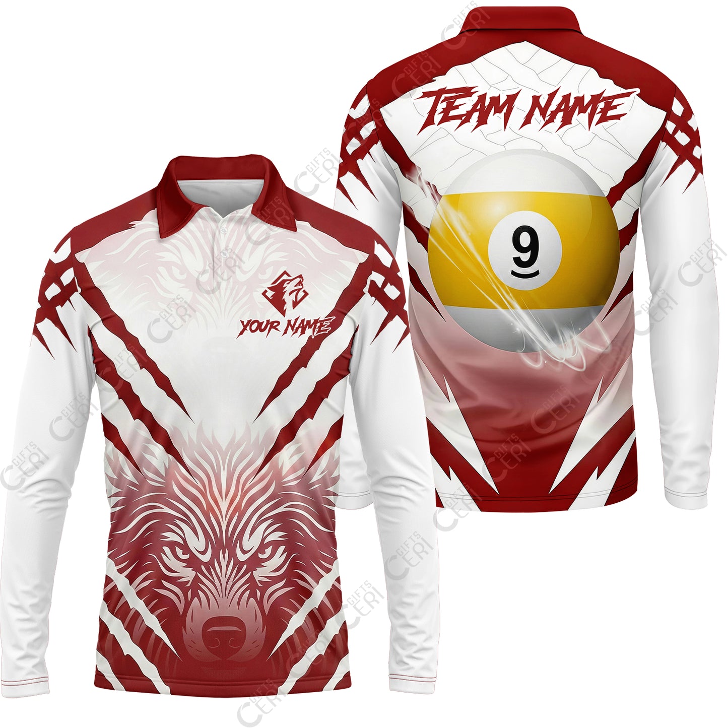 Customized Billiards Long Sleeve Polo Shirt, 9 Ball Wolf Scratch Pattern Billiard Jersey Gift For Billiard Players