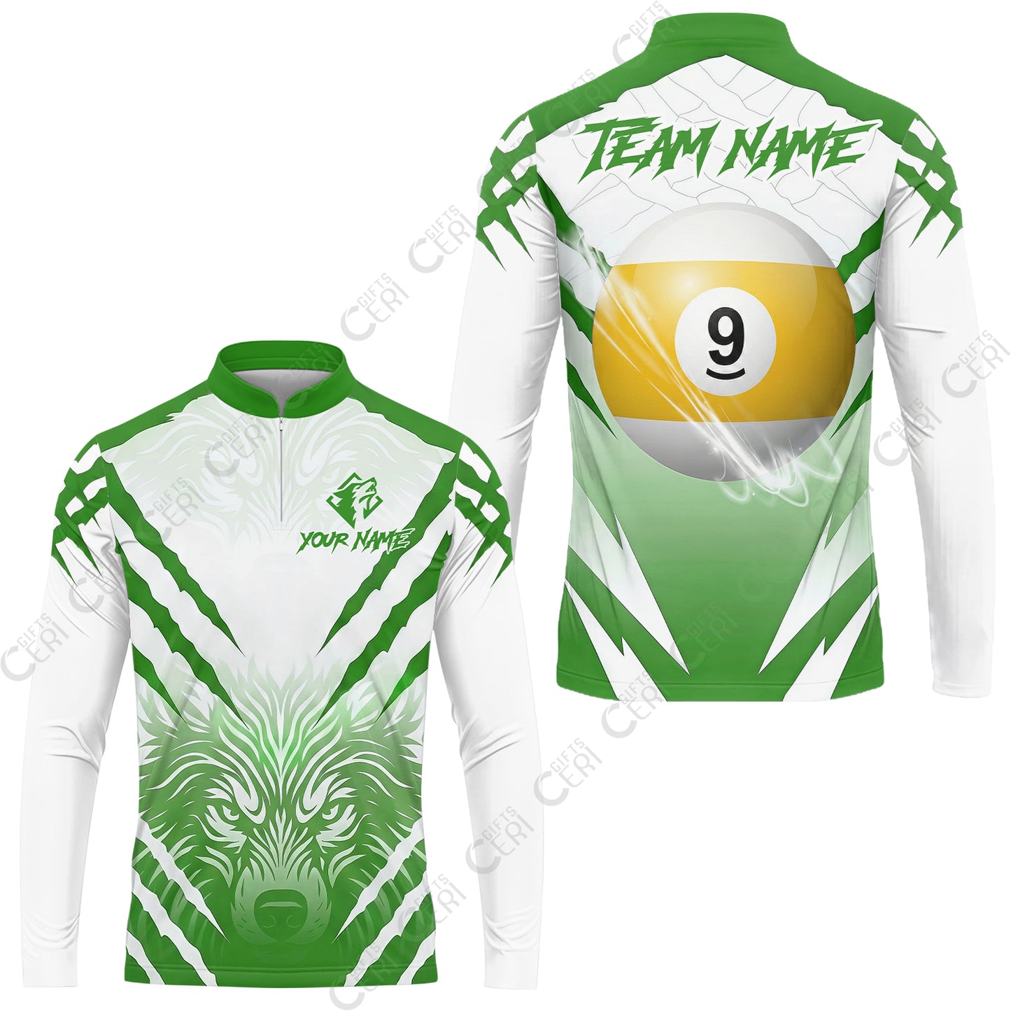 Customized Billiards Stand Collar Quarter-Zip Long Sleeve Jersey, Personalized 9 Ball Wolf Scratch Pattern Billiard Jersey
