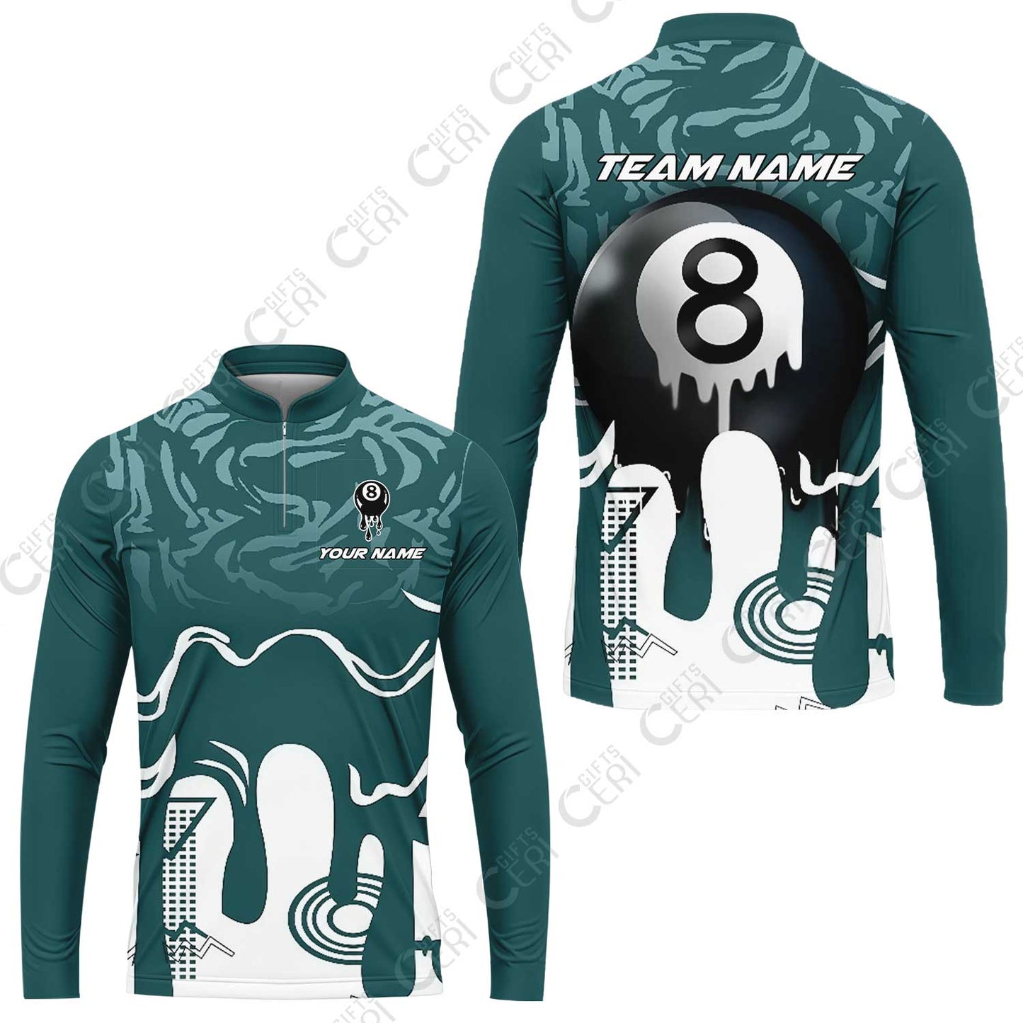 Customized Billiards Stand Collar Quarter-Zip Long Sleeve Jersey, Personalized Drip 8 Ball Jersey Gift For Billiard Players