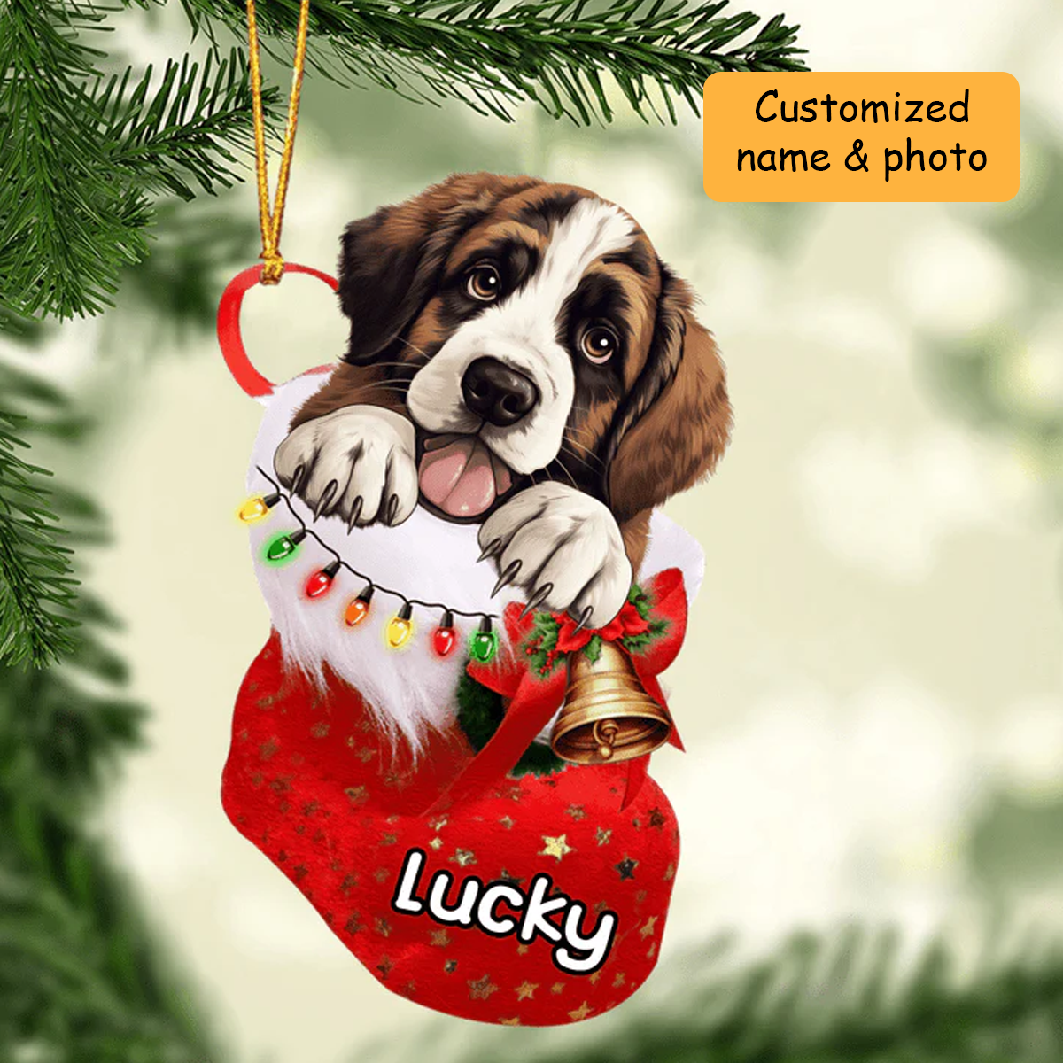 Customized St. Bernard Dog In Stocking Acrylic Ornament, Christmas Gifts Ornament for Dog Lover