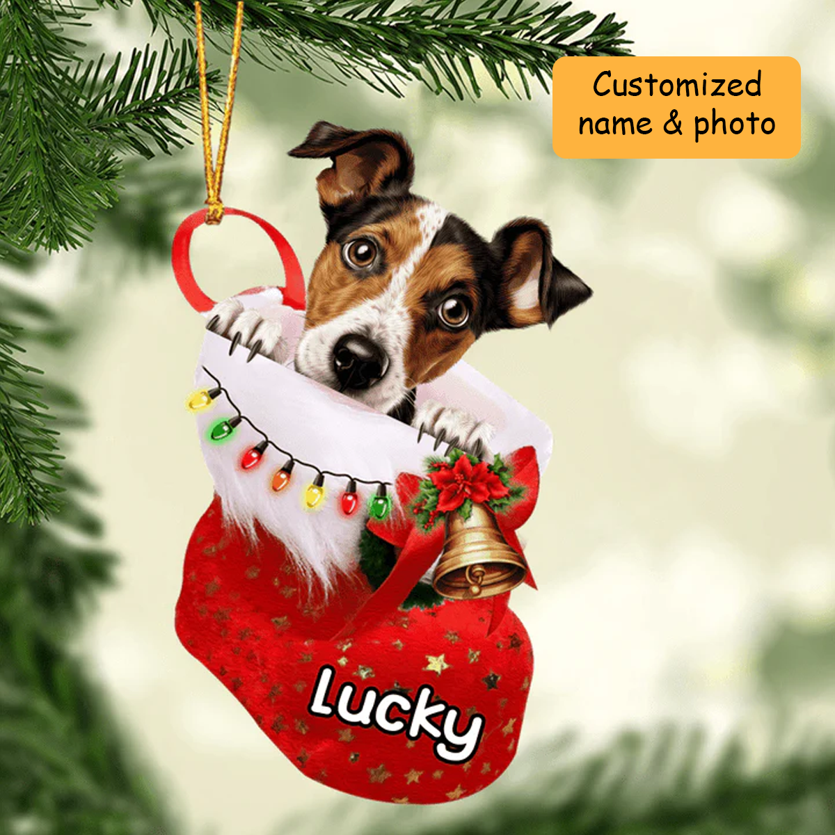 Customized Smooth Fox Terrier Dog In Christmas Stocking Acrylic Ornament, Christmas Gifts Ornament for Dog Lover