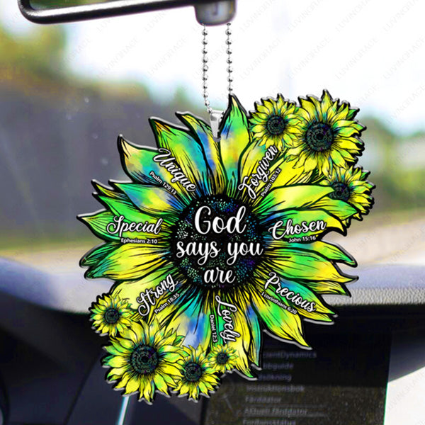 Teal Green Sunflower God Says You Are Acrylic Car Ornament, Perfect Christmas Gift For Family, Friends