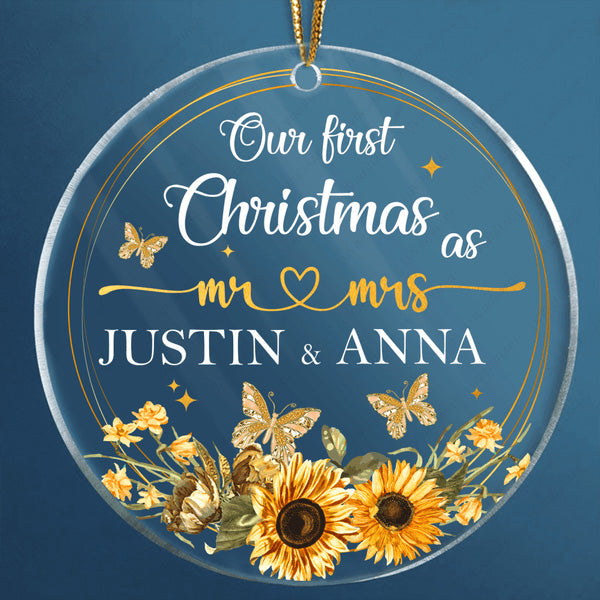 Custom Name Sunflower Frame Butterfly Our First Christmas Couple Acrylic Ornament, 1st Christmas Gift For Couple