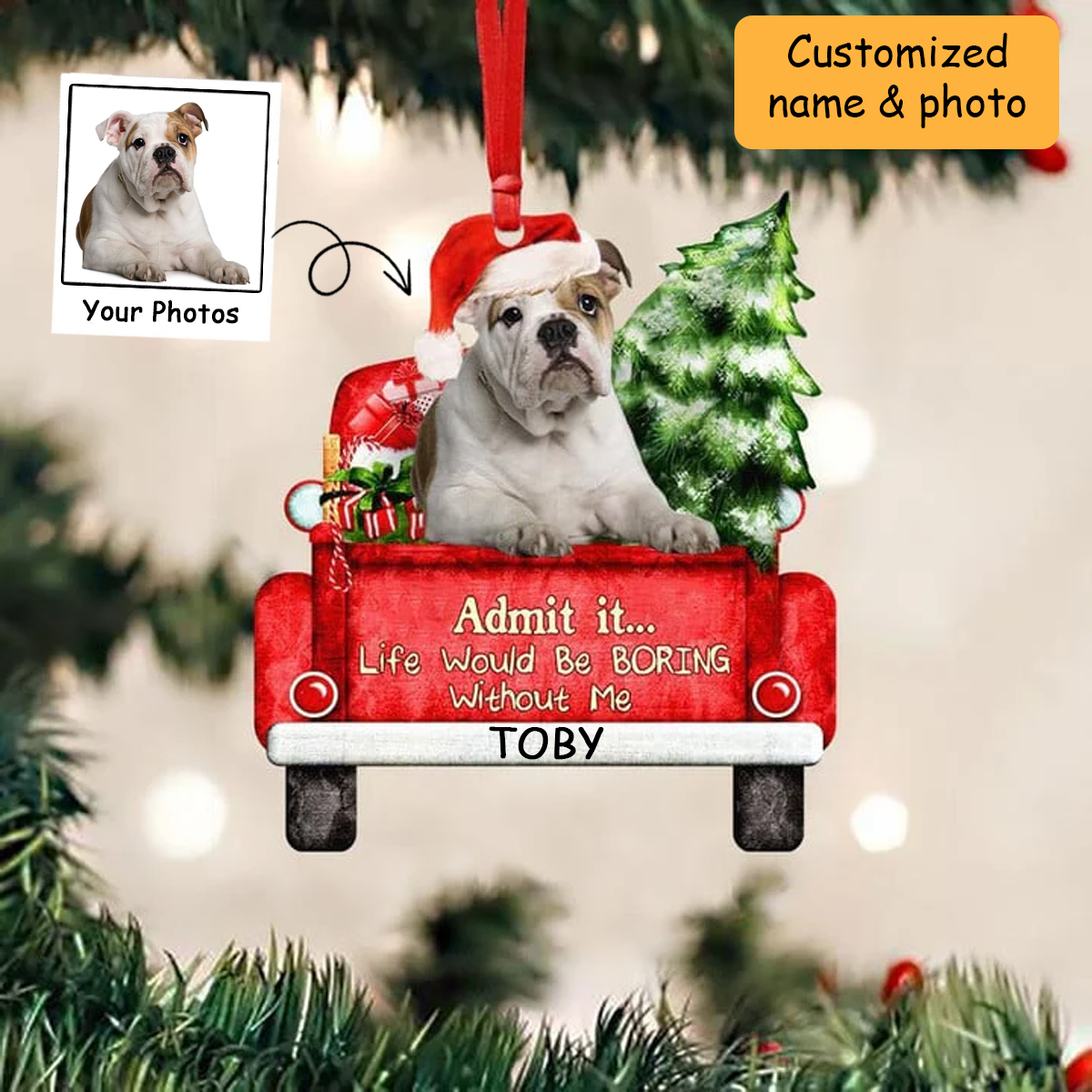 Customized English Bulldog On The Red Truck Acrylic Christmas Ornament, Christmas Gift For Dog Lovers, Dog Owners