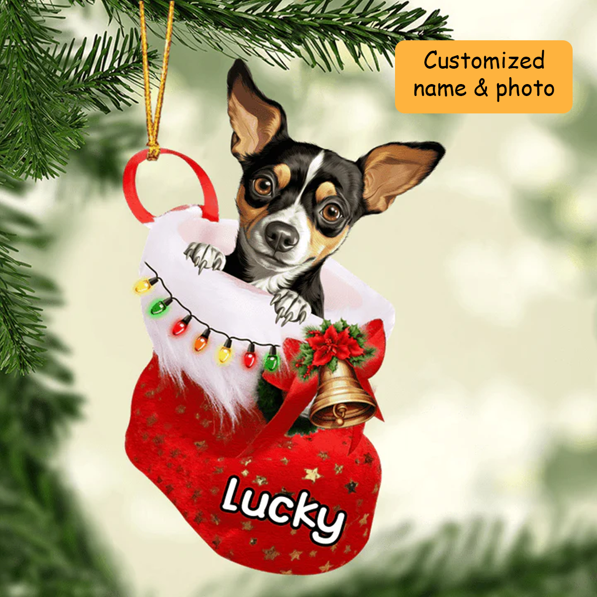 Customized Cute Rat Terrier Dog In Christmas Stocking Acrylic Ornament, Christmas Gifts Ornament for Dog Lover