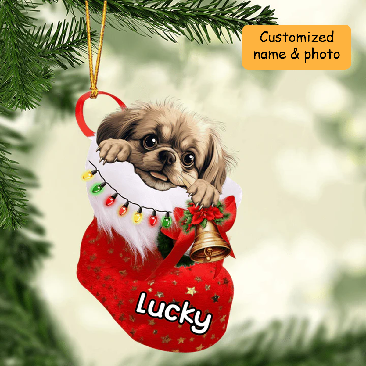 Customized Pekingese Dog In Christmas Stocking Acrylic Ornament, Christmas Gifts Ornament for Dog Lover