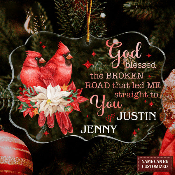 Customized Name Red Cardinal Couple Poinsettia God Blessed Acrylic Ornament, Christmas Gift For Couple