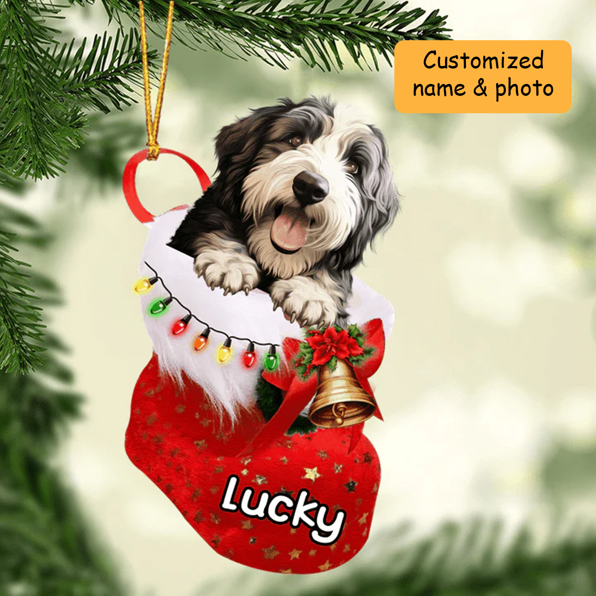 Customized Old English Sheepdog In Christmas Stocking Acrylic Ornament, Christmas Gifts Ornament for Dog Lover