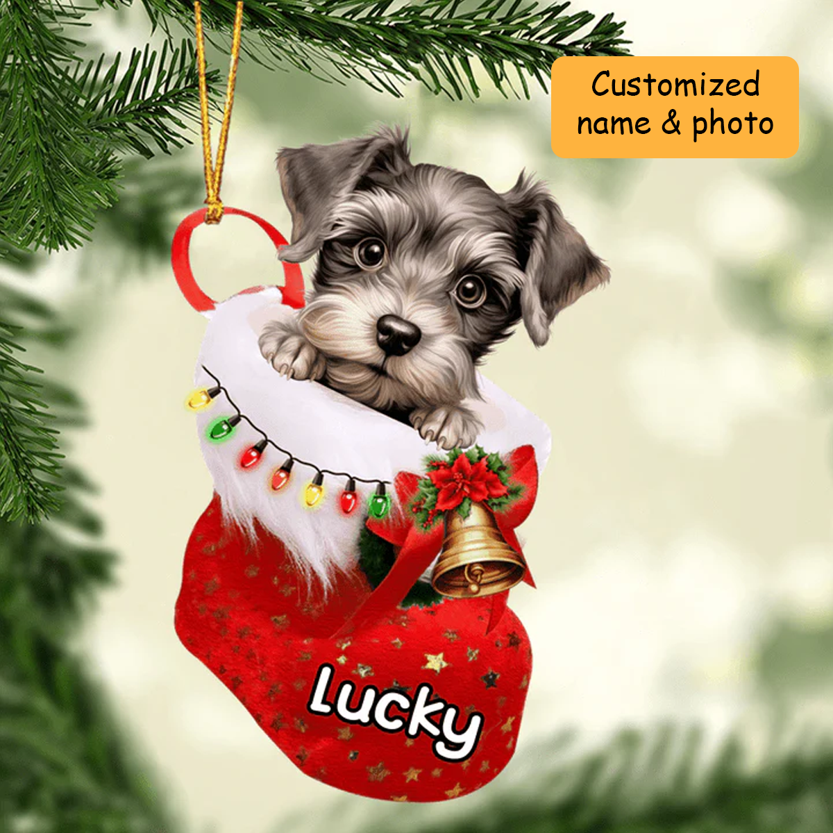 Customized Miniature Schnauzer Dog In Christmas Stocking Acrylic Ornament, Christmas Gifts Ornament for Dog Lover